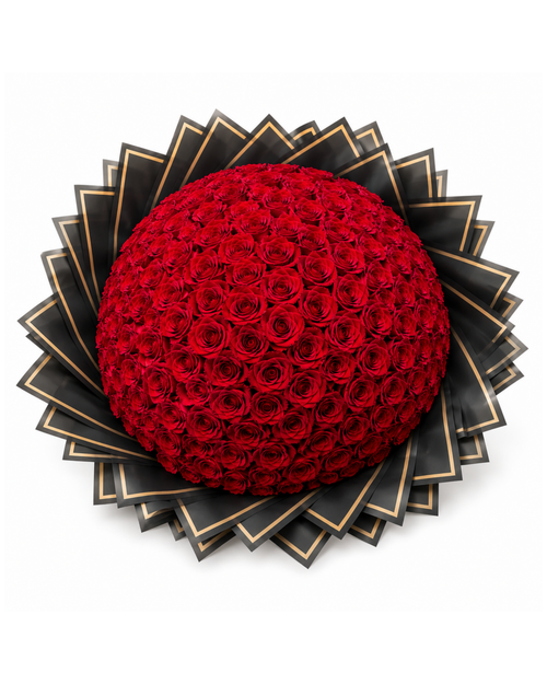 Large bouquet of red roses with a black and gold decorative base on a white background