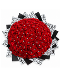 Heart-shaped arrangement of red roses with black and white decorative paper on a white background