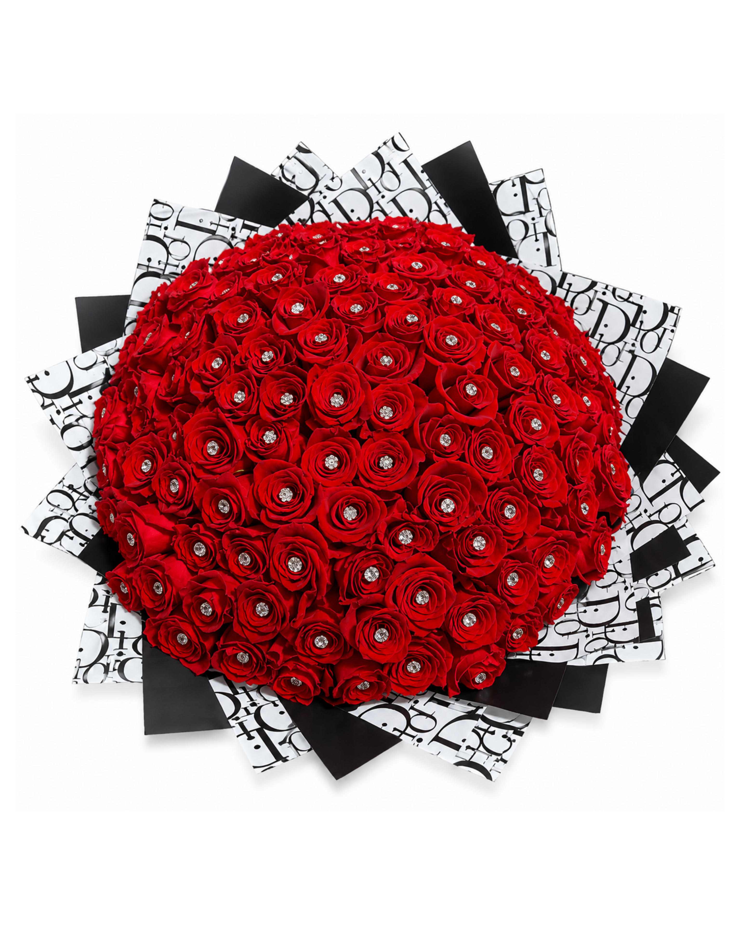 Heart-shaped arrangement of red roses with black and white decorative paper on a white background