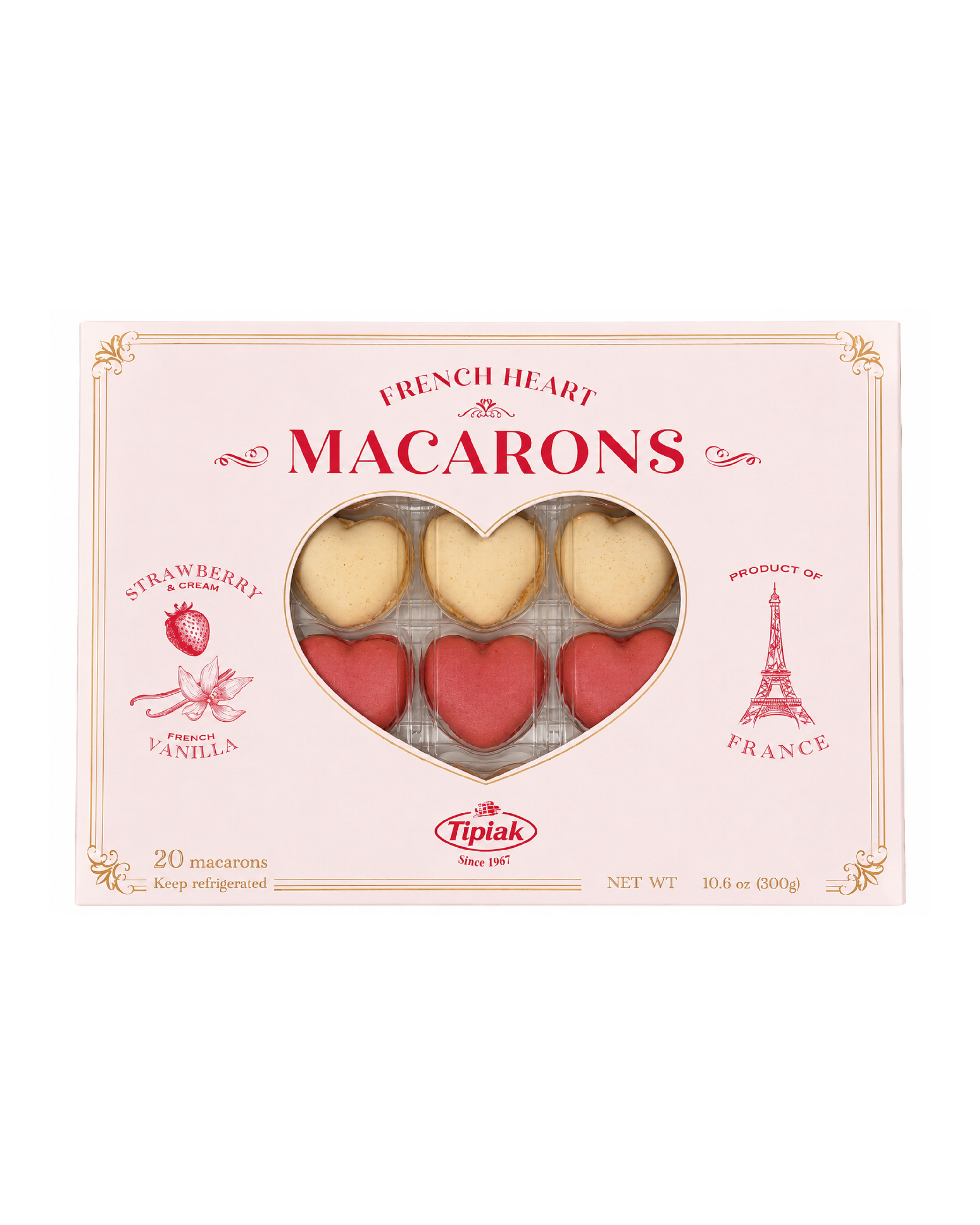 Box of French heart-shaped macarons with visible branding on a white background