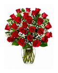 Bouquet of red roses with a clear vase on a white background