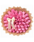 Bouquet of pink roses with a beige ribbon on brown paper wrap, on a white background