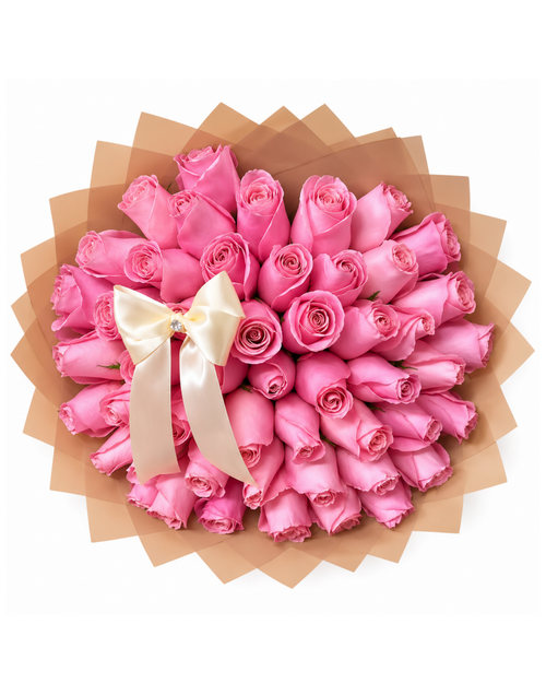 Bouquet of pink roses with a beige ribbon on brown paper wrap, on a white background