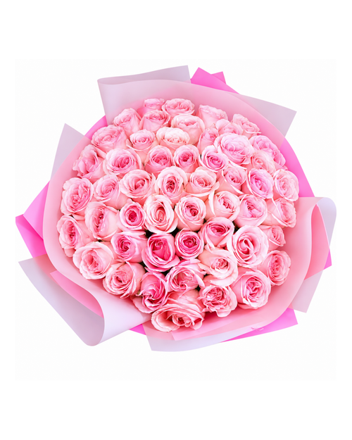 Bouquet of pink roses wrapped in pink paper on a white background