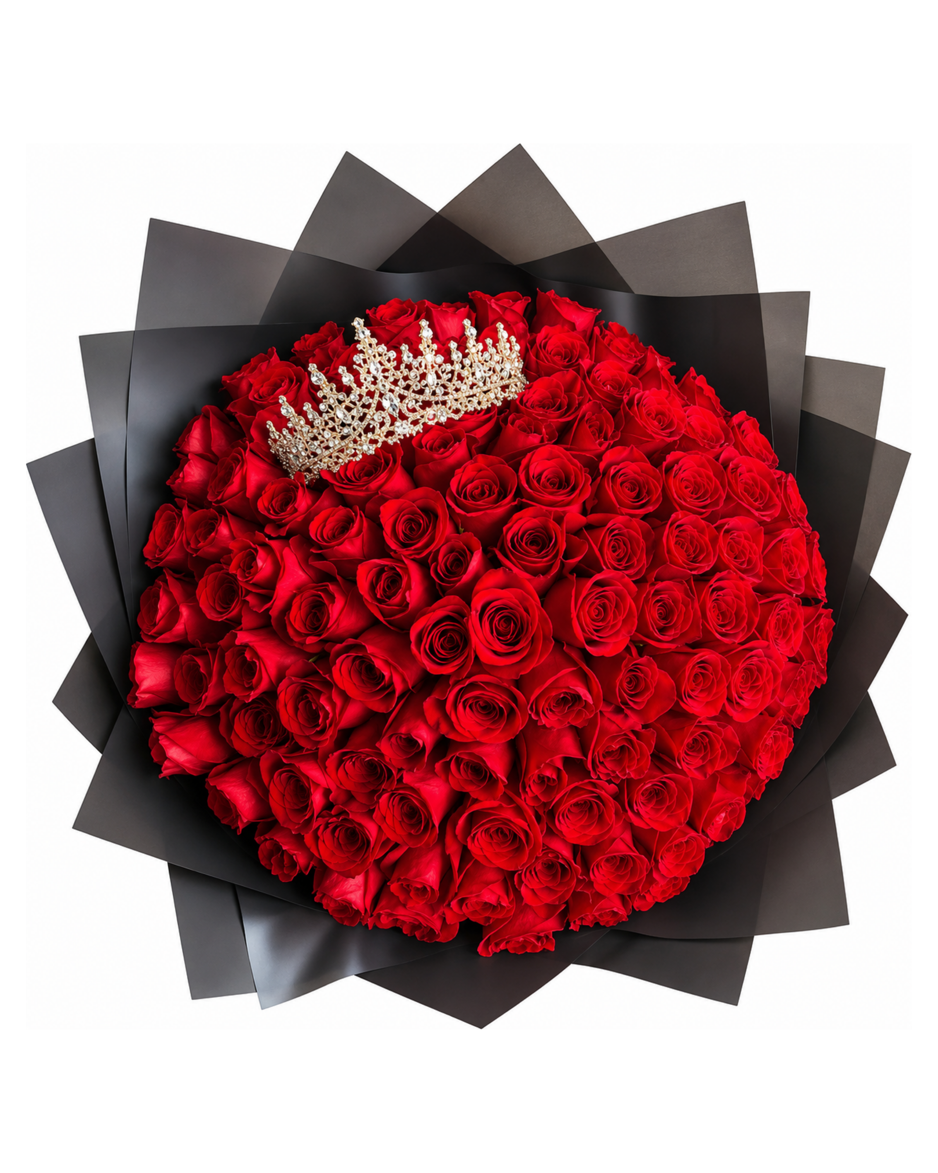 Bouquet of red roses with a tiara on a black background