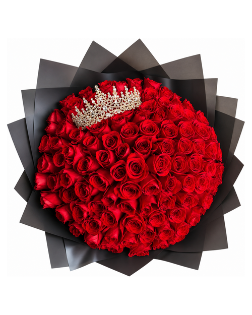 Bouquet of red roses with a tiara on a black background