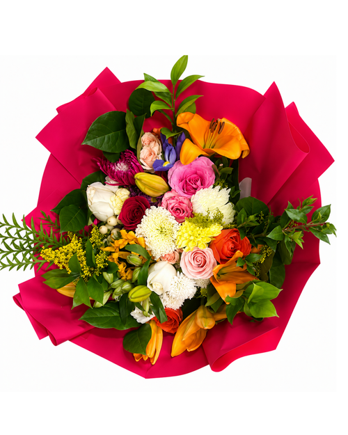 Colorful bouquet of flowers with a pink paper wrap on a white background