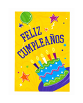 Happy Birthday card with colorful text and graphics on a yellow background