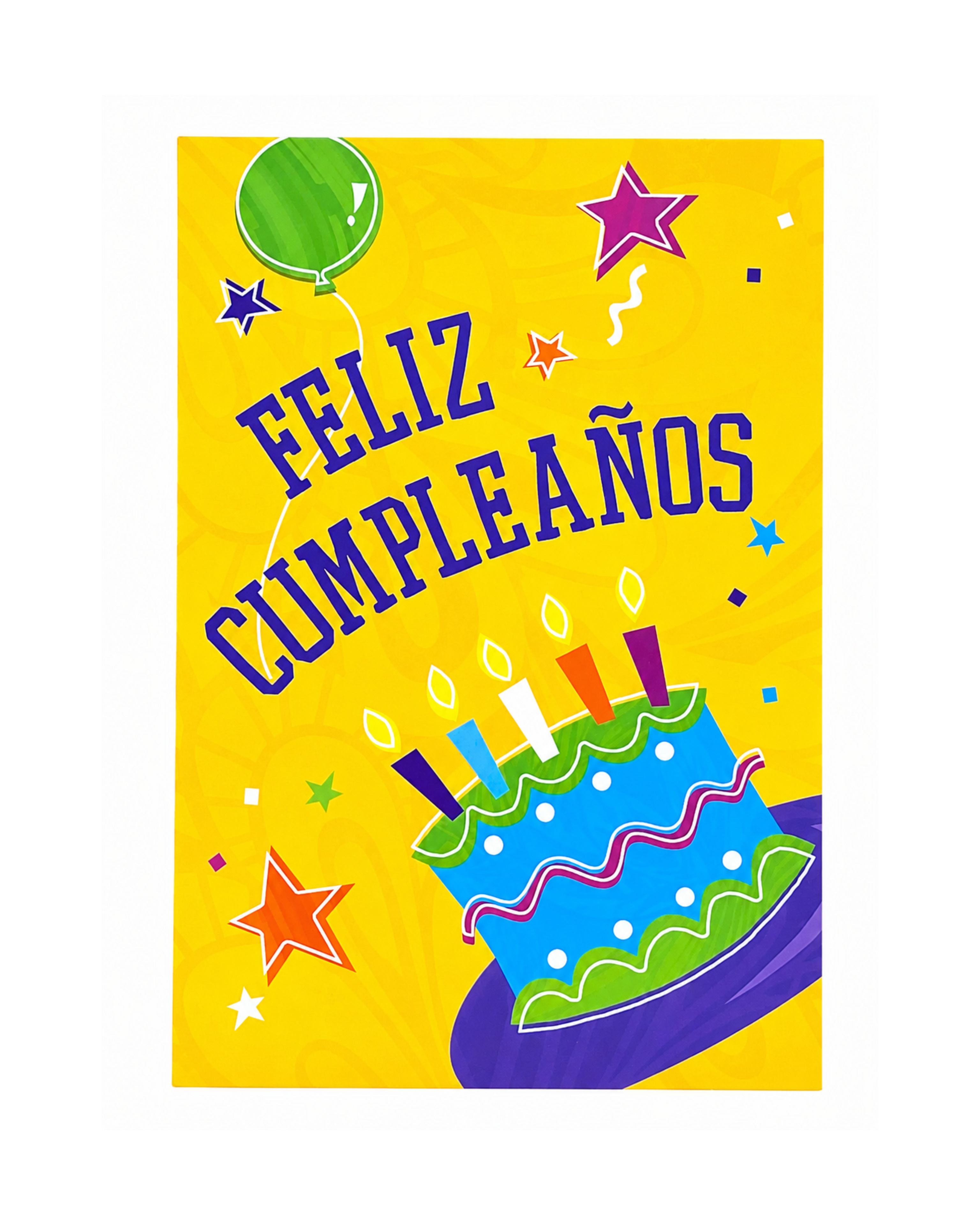 Happy Birthday card with colorful text and graphics on a yellow background