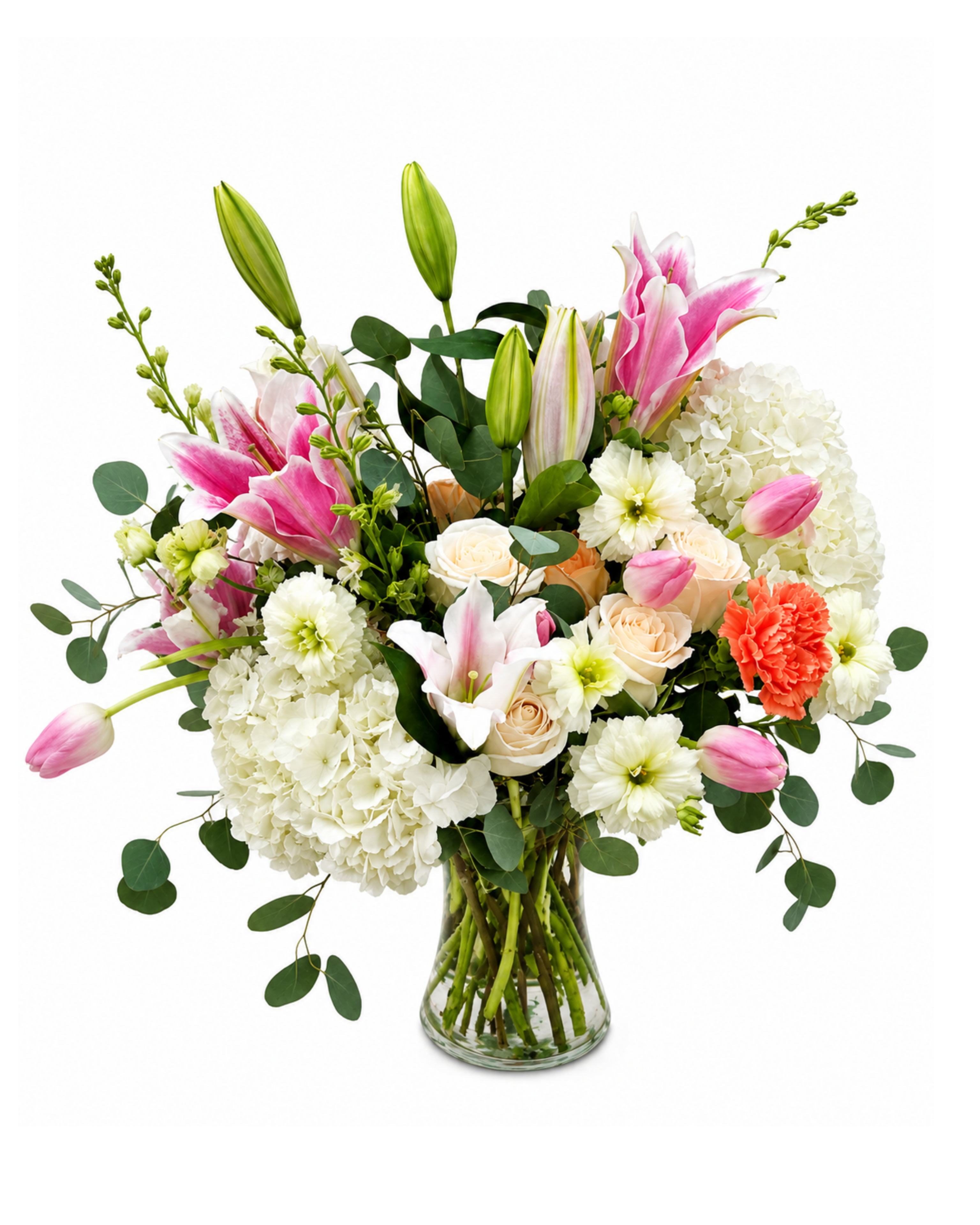 Bouquet of flowers in a clear vase on a white background