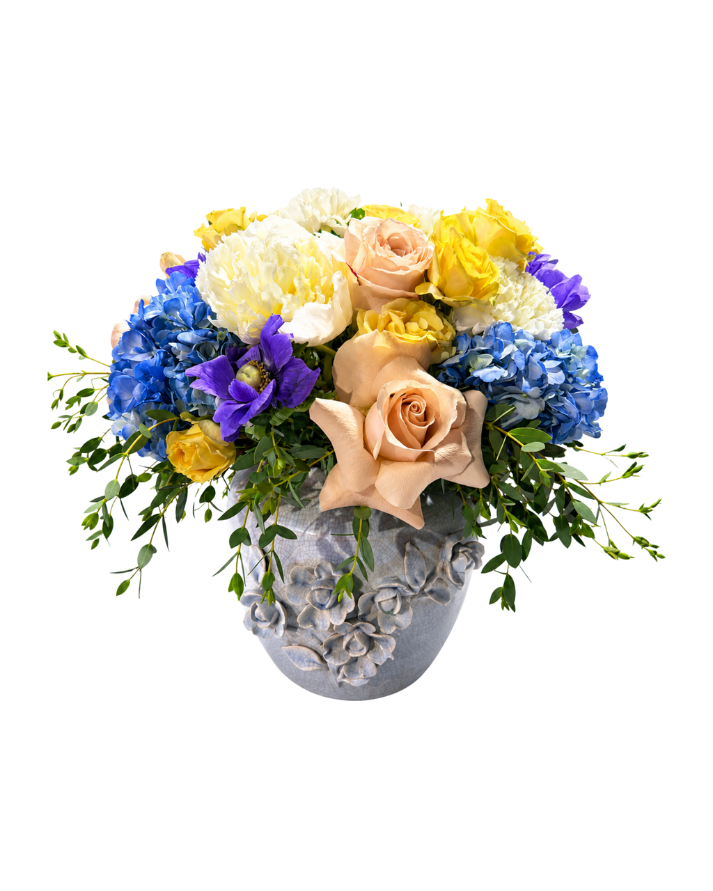 Blue Hydrangea & Peach Rose Arrangement in Decorative Ceramic Vase - Landen’s Flowers
