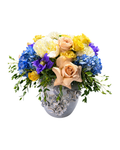 Blue Hydrangea & Peach Rose Arrangement in Decorative Ceramic Vase - Landen’s Flowers