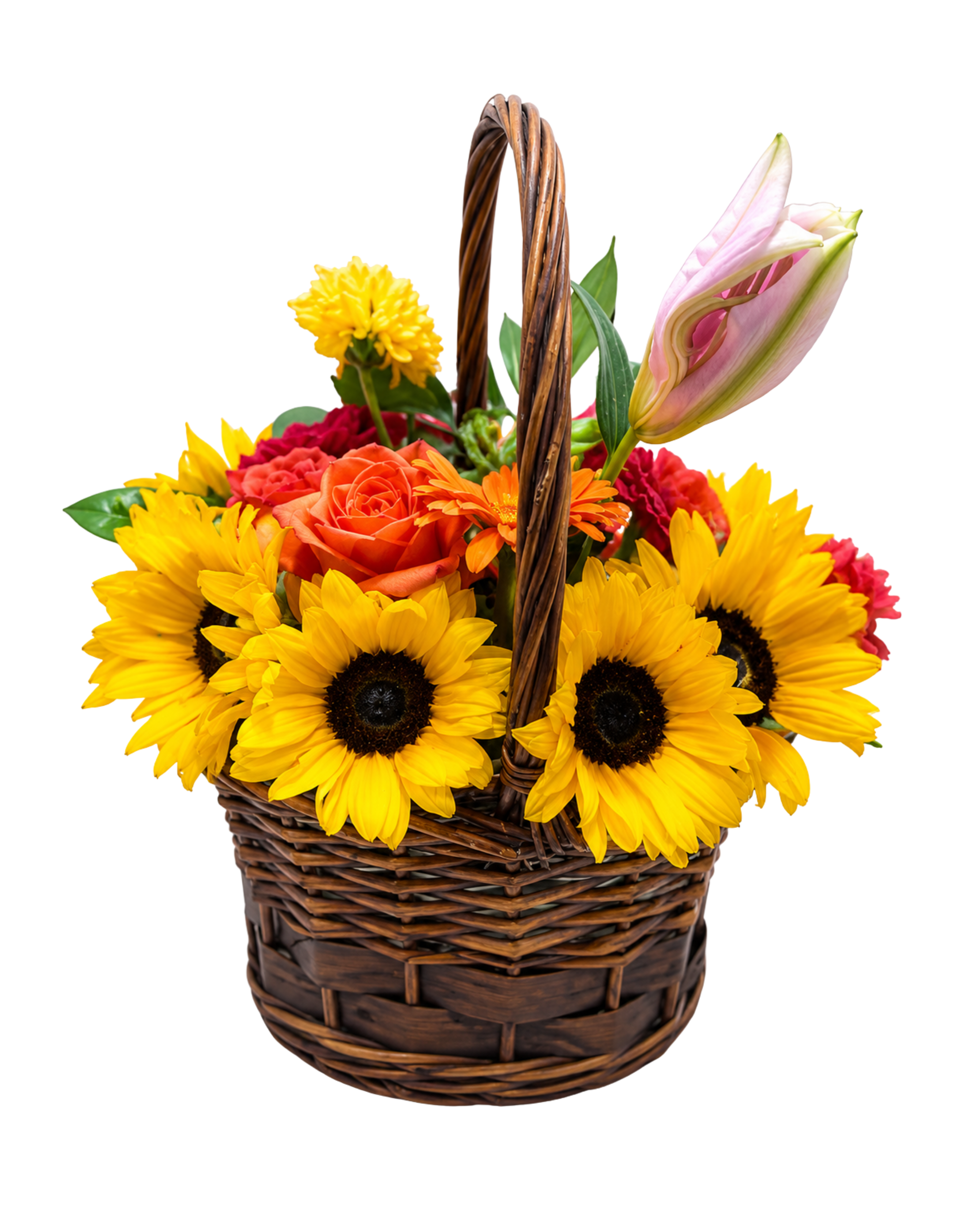 Floral arrangement in a wicker basket with sunflowers and other flowers on a white background