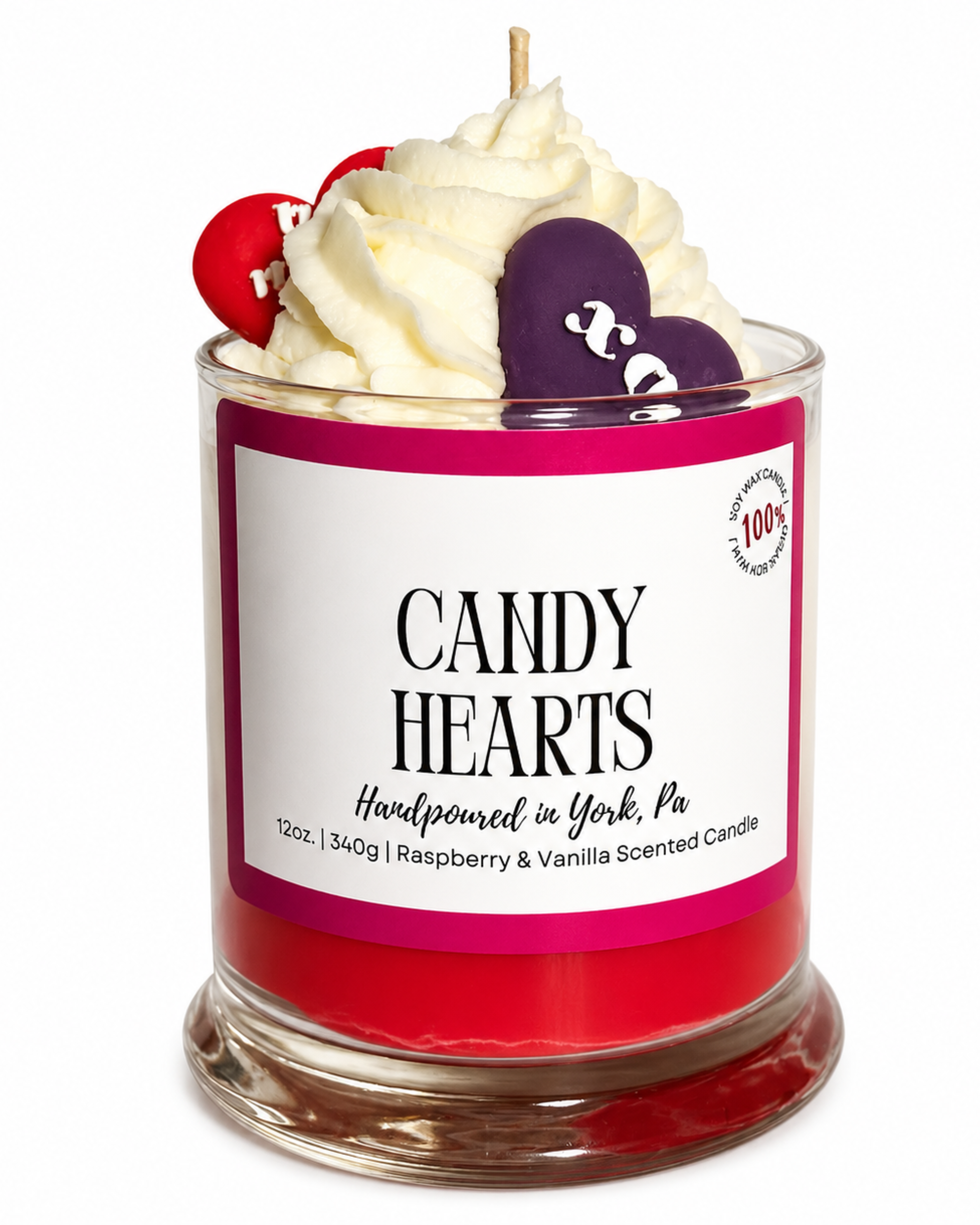 Candle with whipped cream, red heart, and purple heart on top, labeled 'Candy Hearts'.