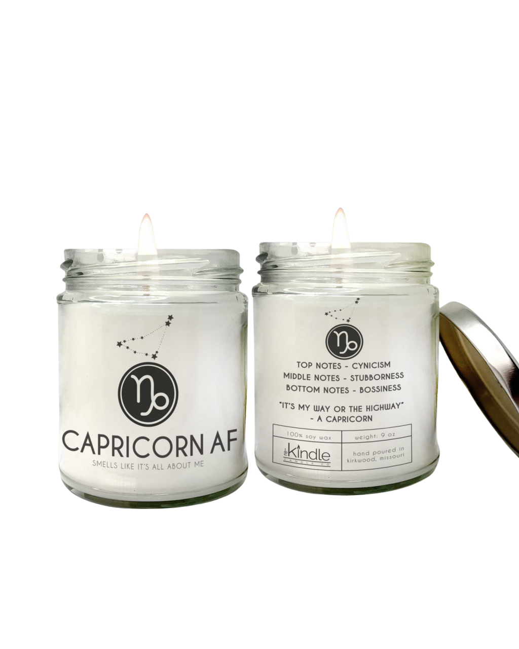 Two candles in jars with labels on a white background
