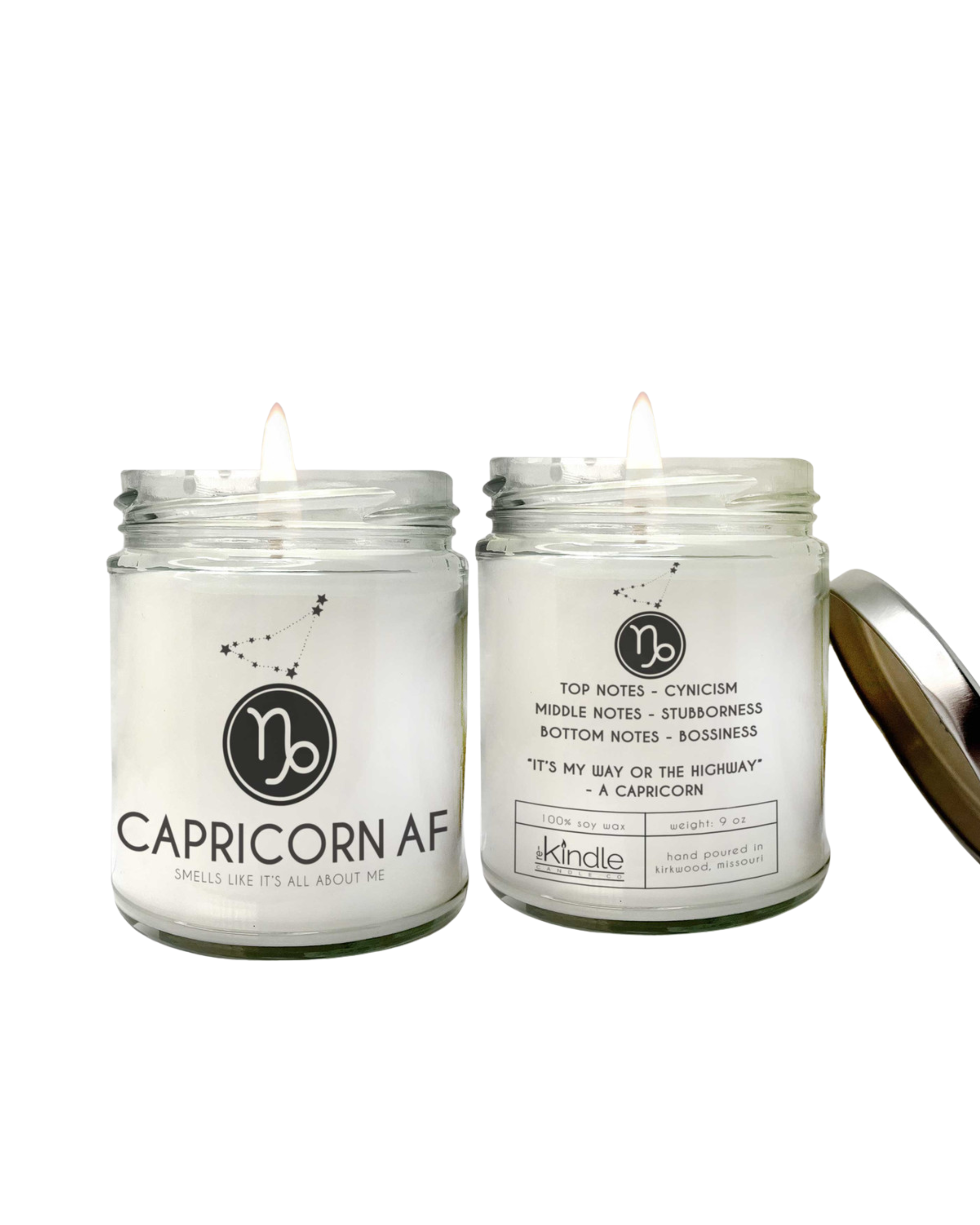 Two candles in jars with labels on a white background