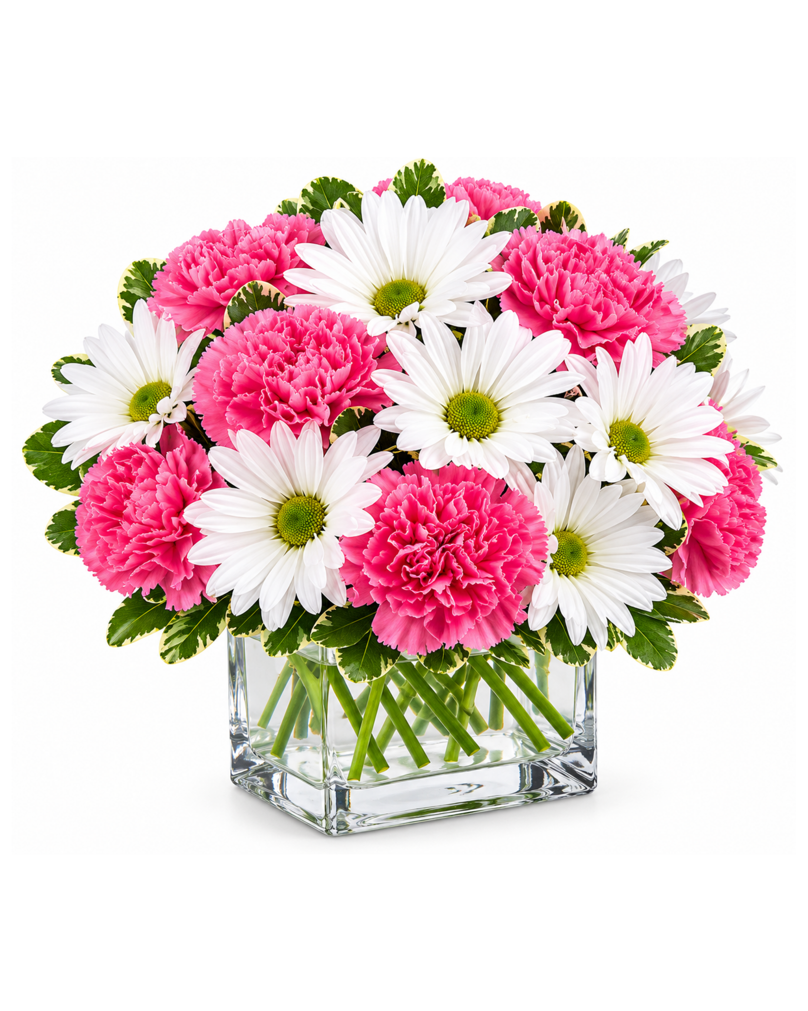 Bouquet of pink and white flowers in a clear glass vase on a white background
