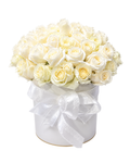 White roses in a box with a white ribbon on a white background