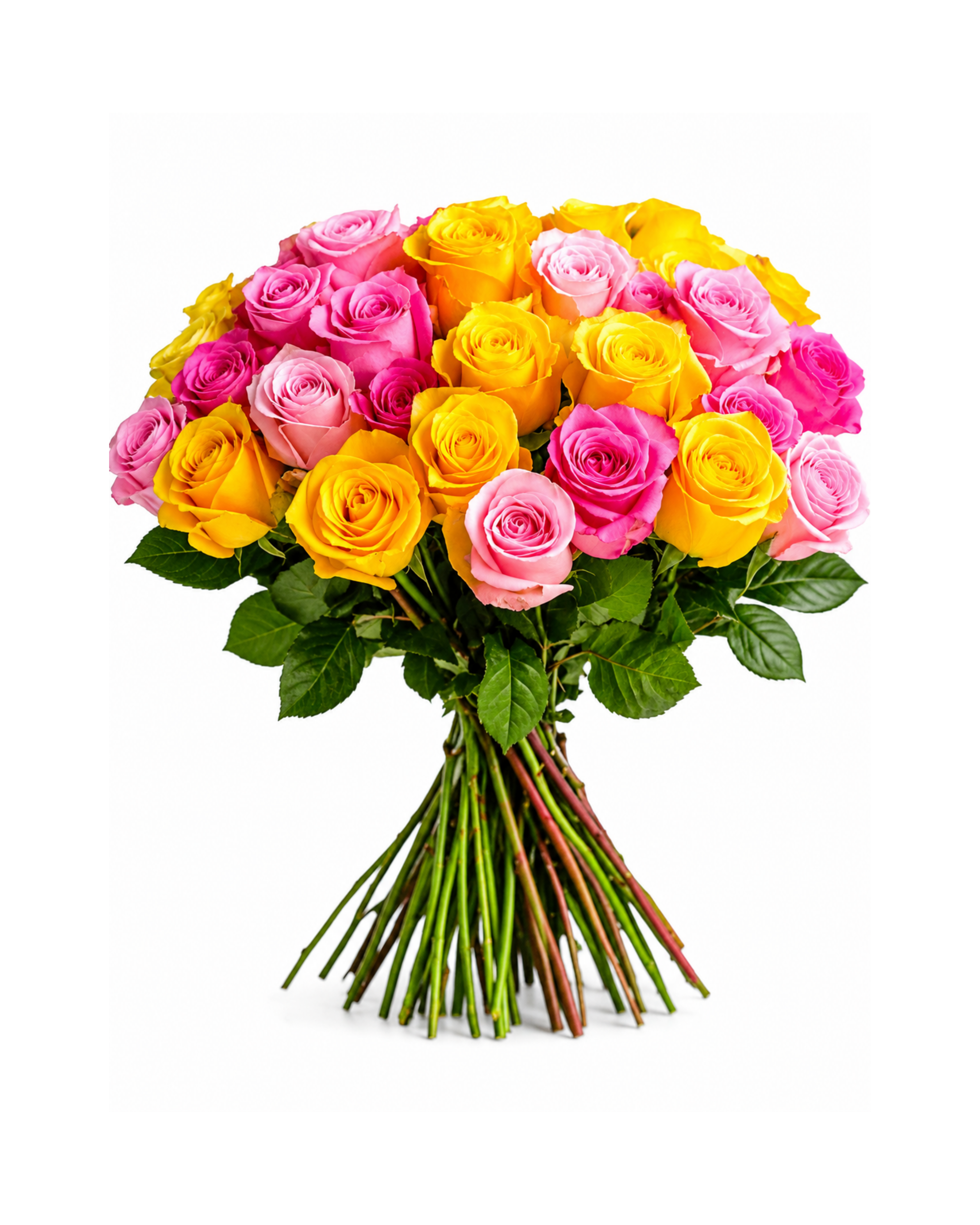 Bouquet of pink and yellow roses on a white background
