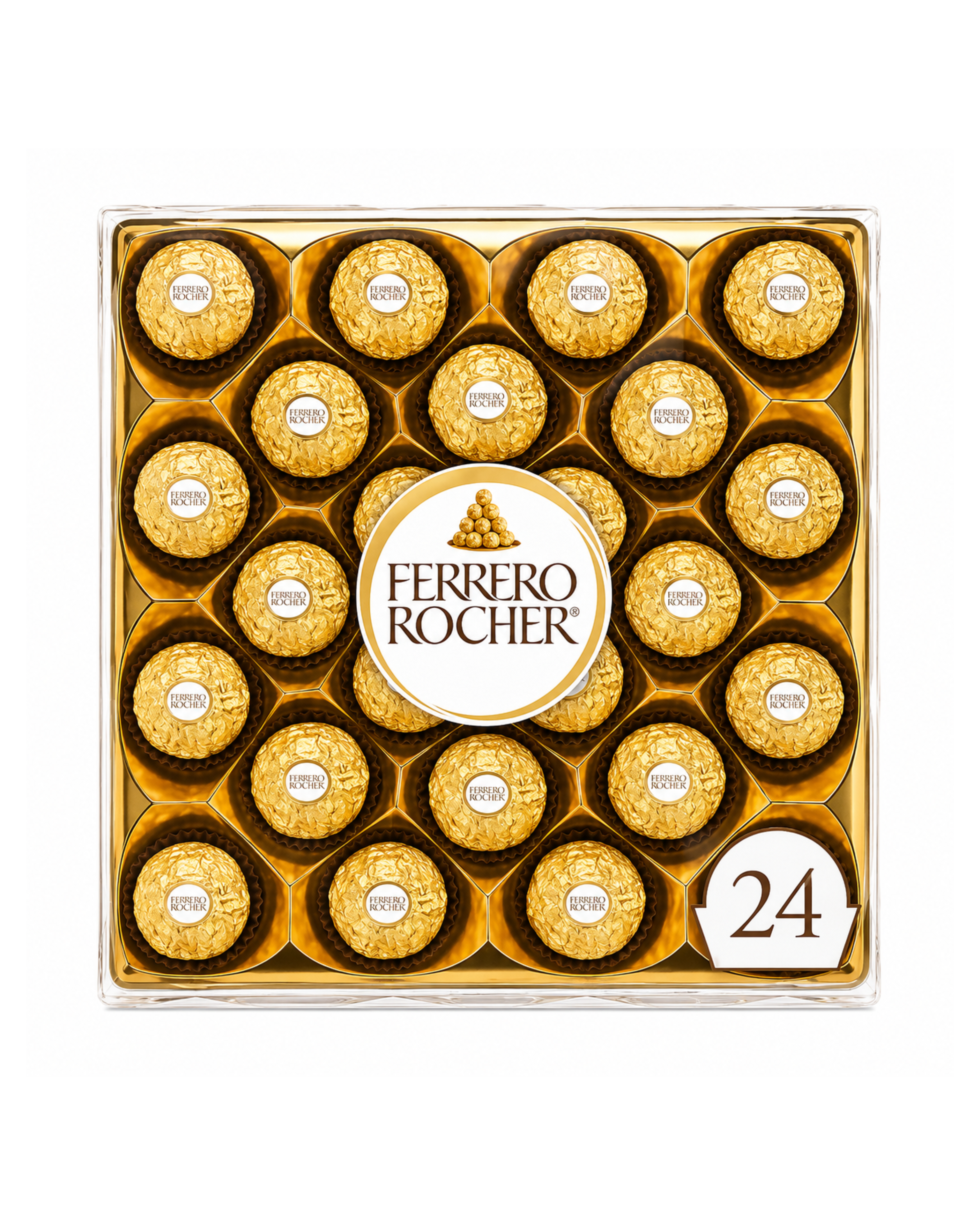 Box of Ferrero Rocher chocolates with 24 pieces on a white background