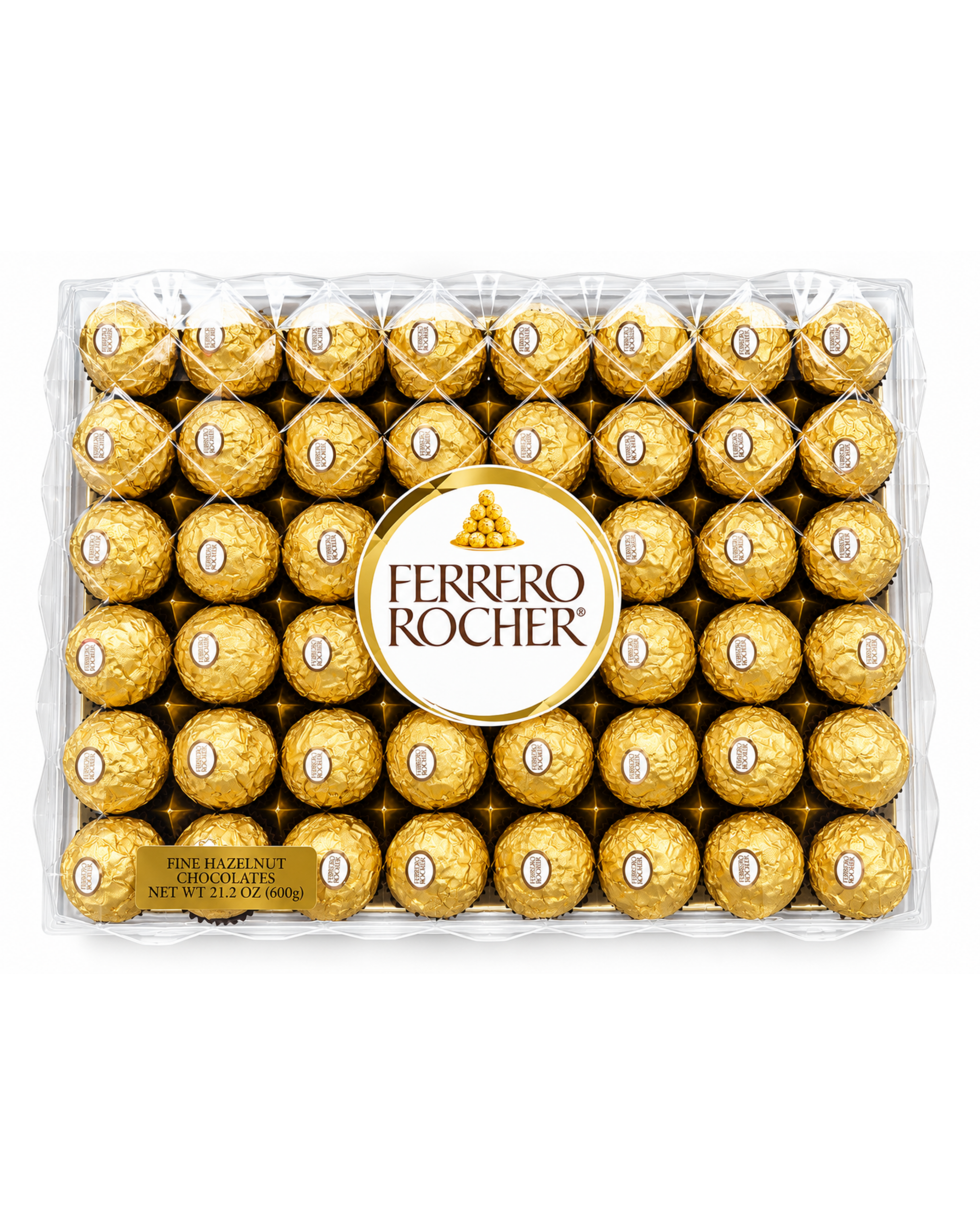 Box of Ferrero Rocher chocolates with a clear lid on a white background
