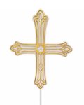 Decorative cross with gold and white design on a white background