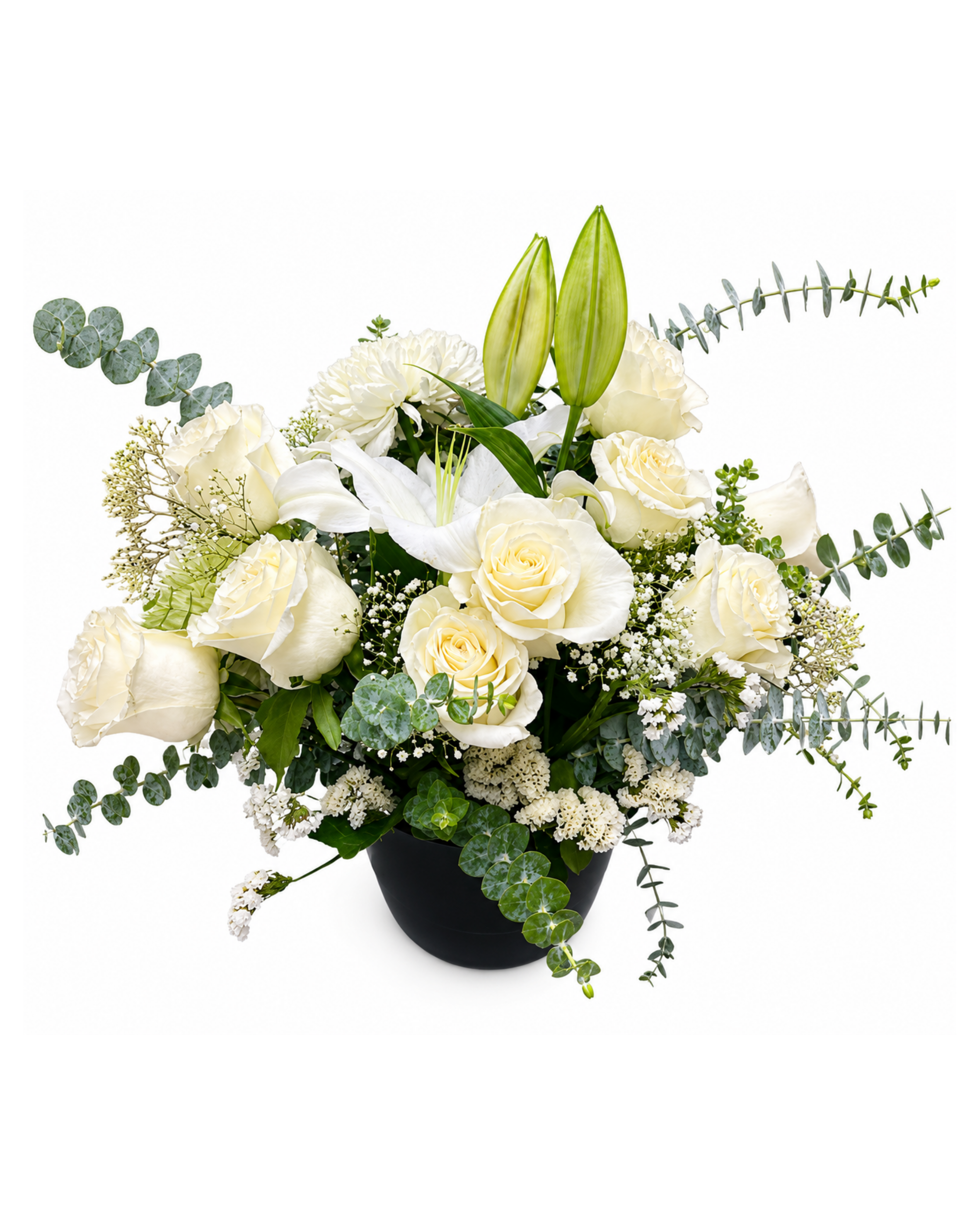 Bouquet of white flowers with greenery on a white background