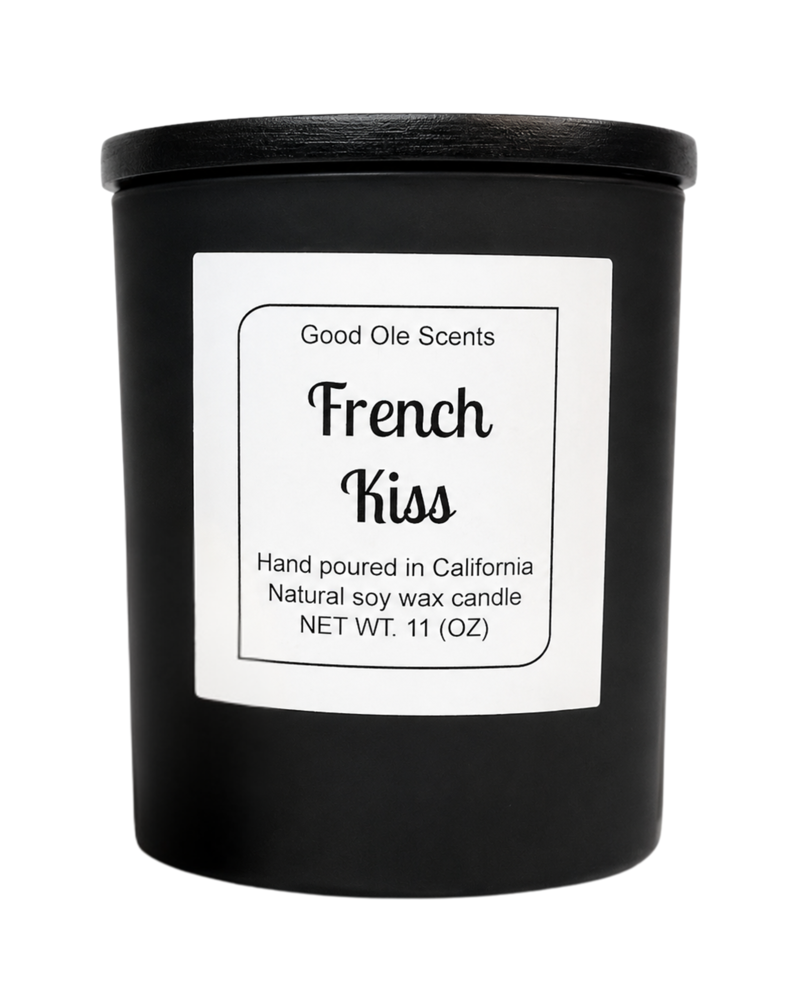 Black candle with a label reading 'French Kiss' by Good Ole Scents on a white background