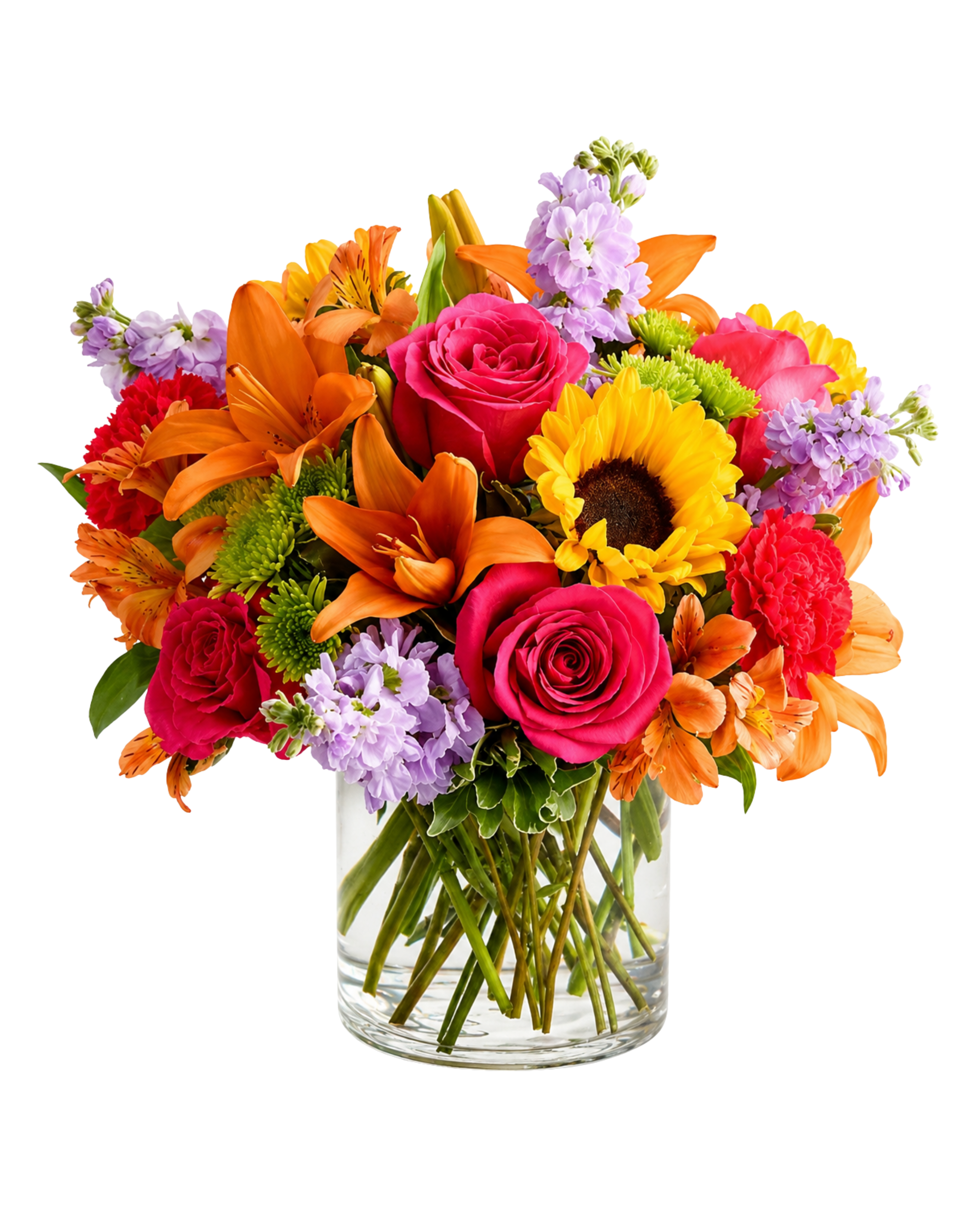 Colorful bouquet of flowers in a clear vase on a white background
