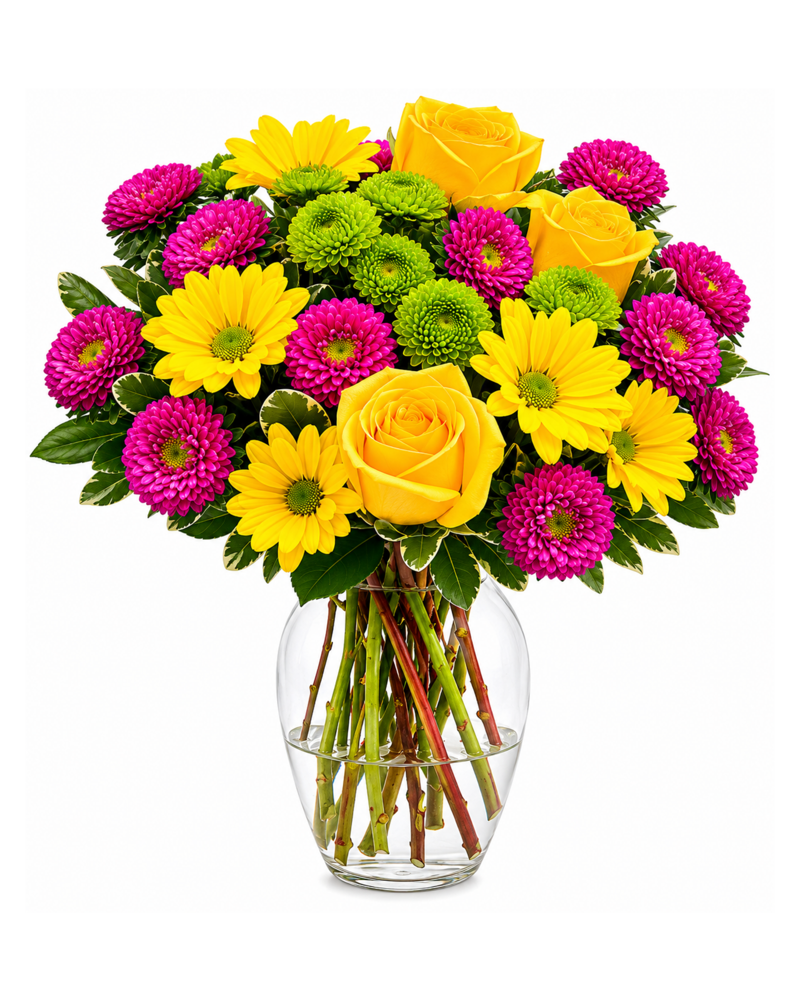 Bouquet of colorful flowers including yellow roses and pink and green daisies in a clear vase on a white background.