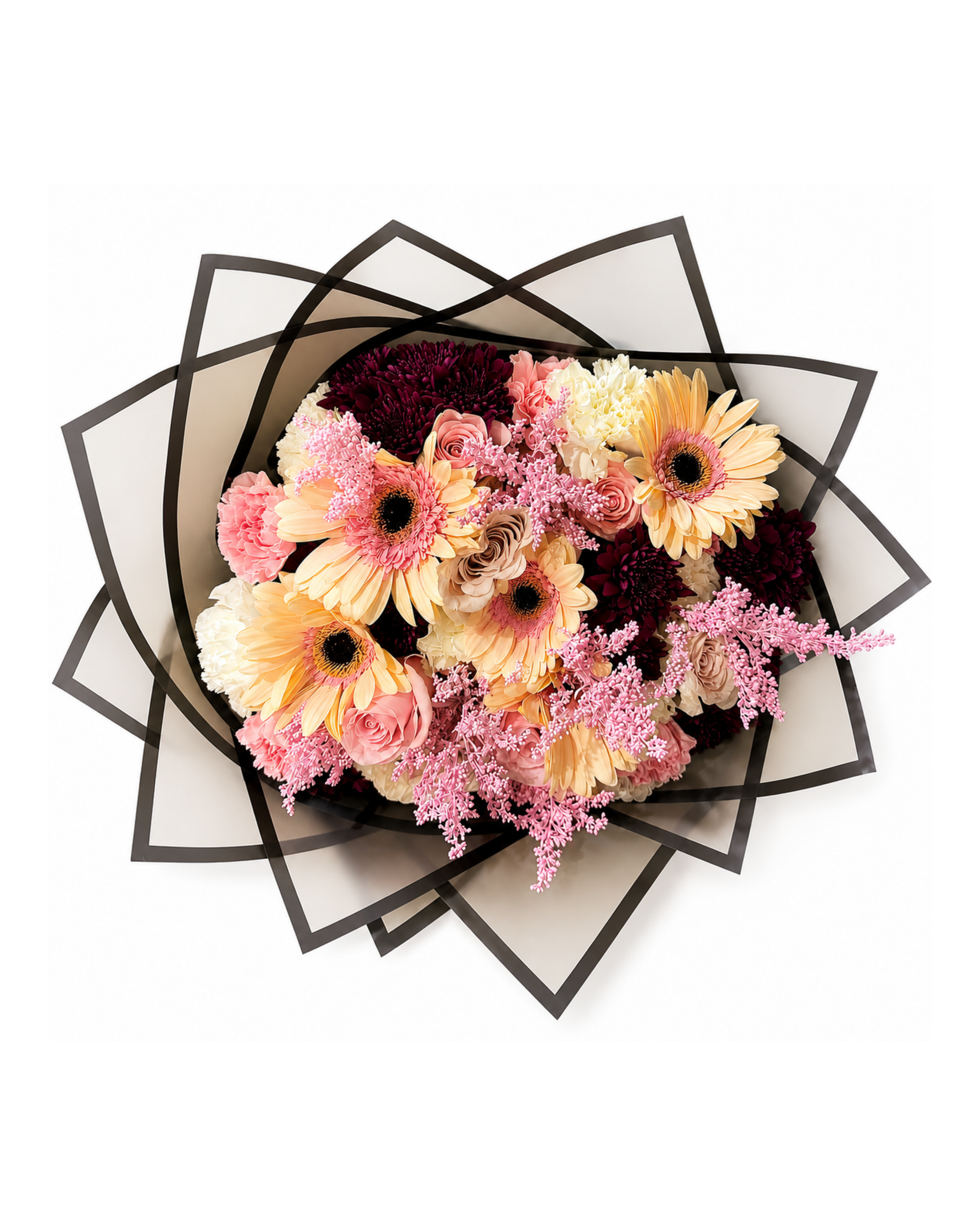 Floral arrangement in a decorative box on a white background