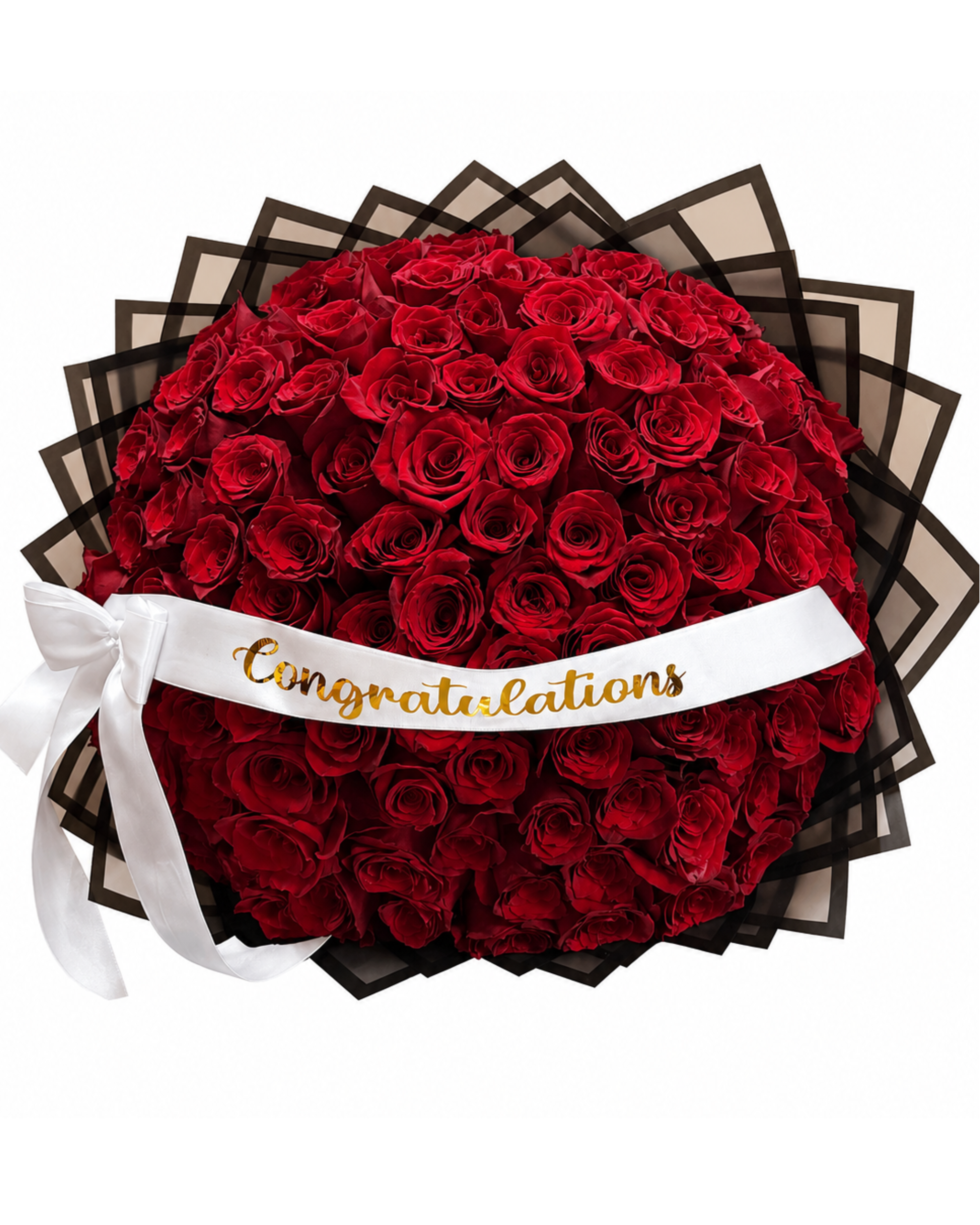 Heart-shaped arrangement of red roses with a 'Congratulations' ribbon on a white background