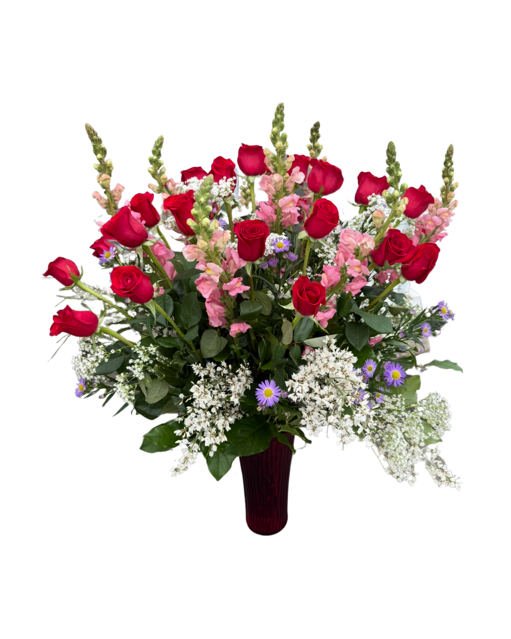Grand Red Rose and Pink Snapdragon Arrangement in Vase - Landen’s Flowers
