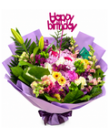 Colorful bouquet of flowers with a 'Happy Birthday' topper on a white background