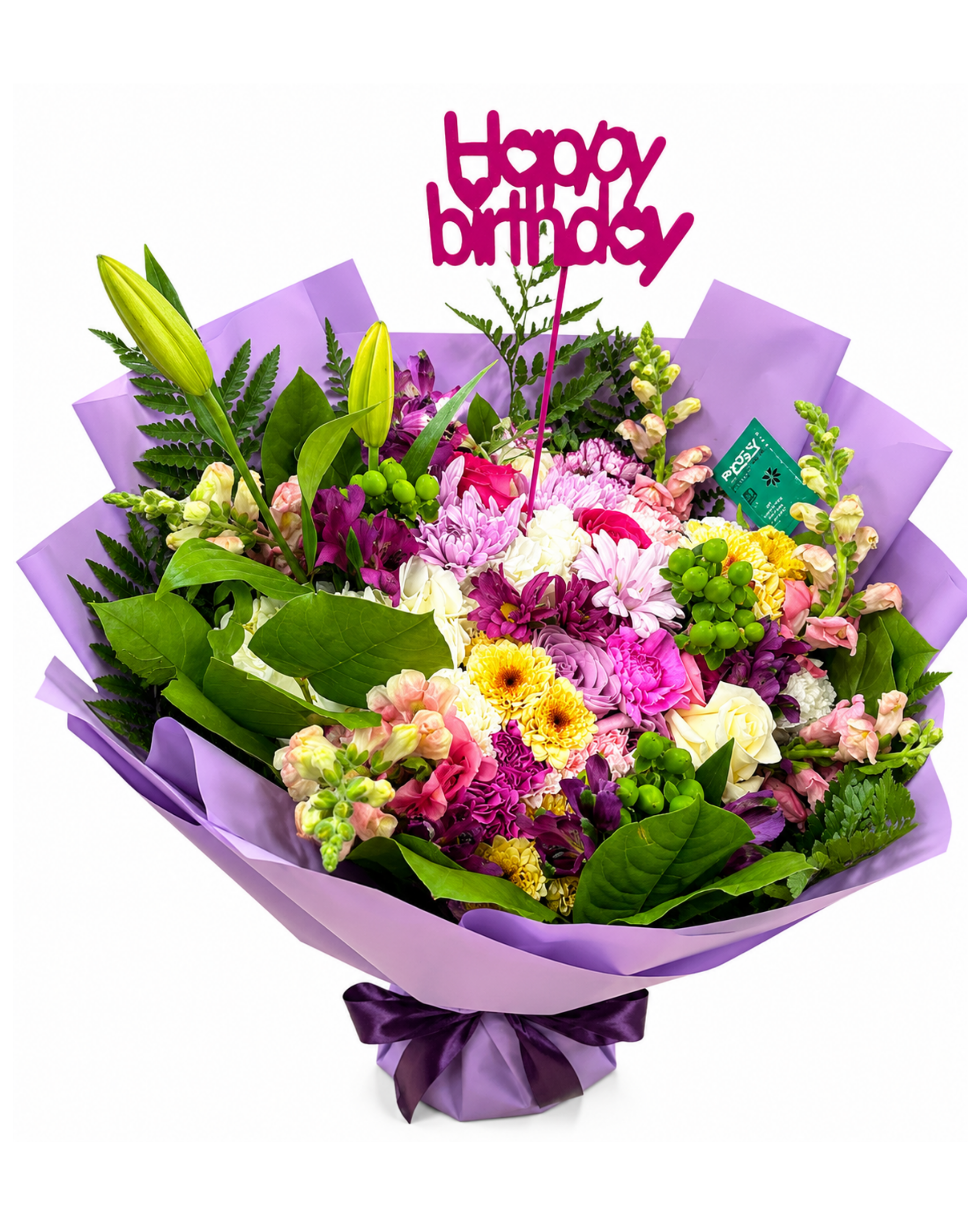 Colorful bouquet of flowers with a 'Happy Birthday' topper on a white background