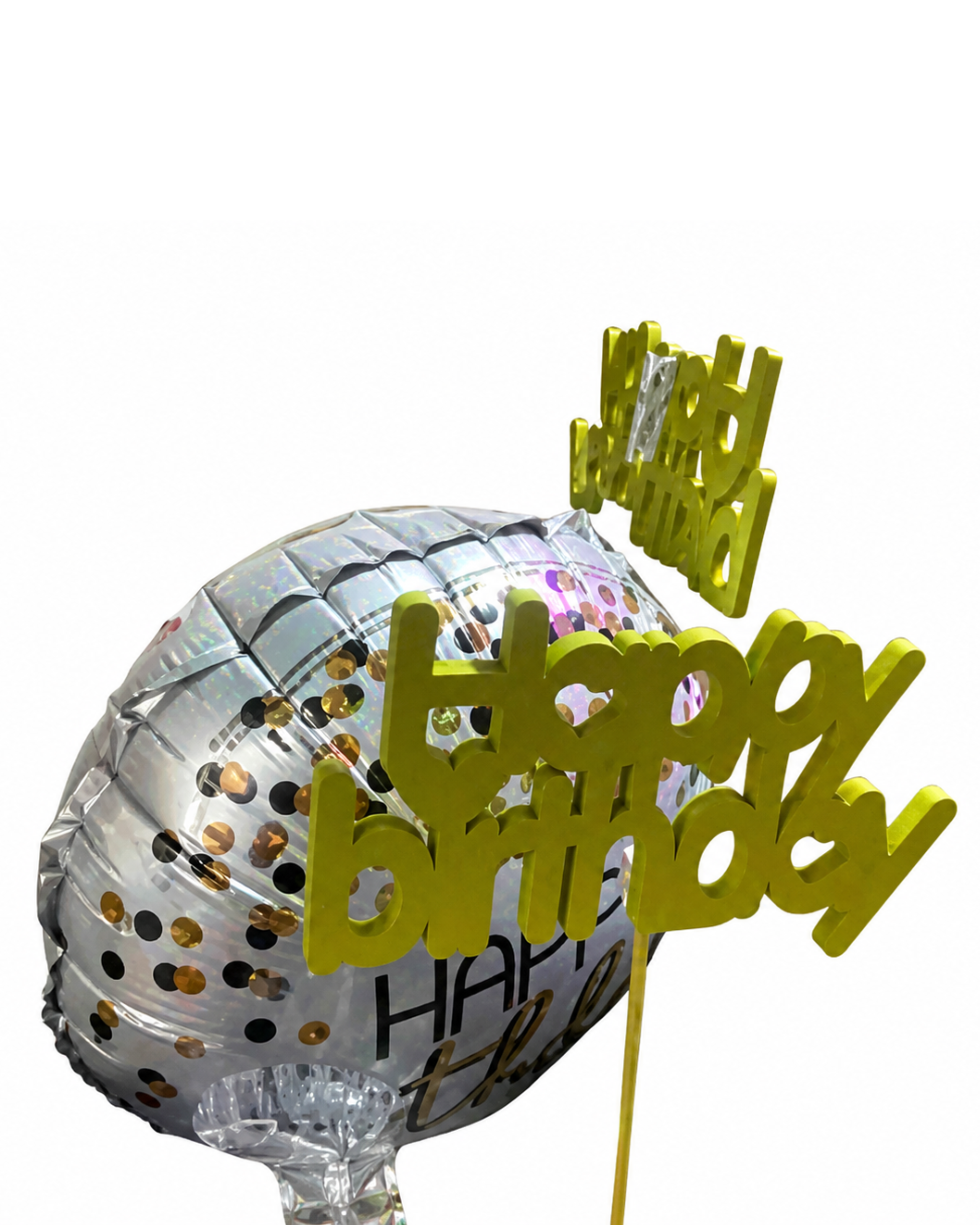 Silver disco ball with 'Happy Birthday' text on a white background