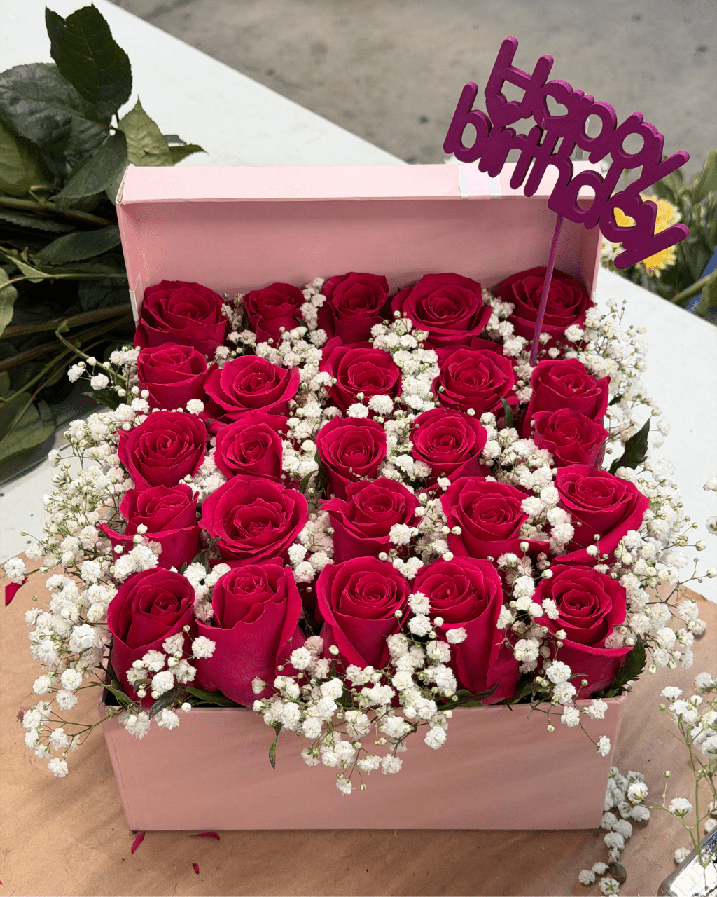 Happy Birthday Red Rose Box with Baby's Breath - Landen’s Flowers