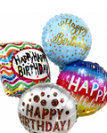 Four colorful birthday-themed balloons with 'Happy Birthday' text on a white background