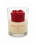 Candle with a red rose on top labeled 'Happy Valentine's Day' on a white background