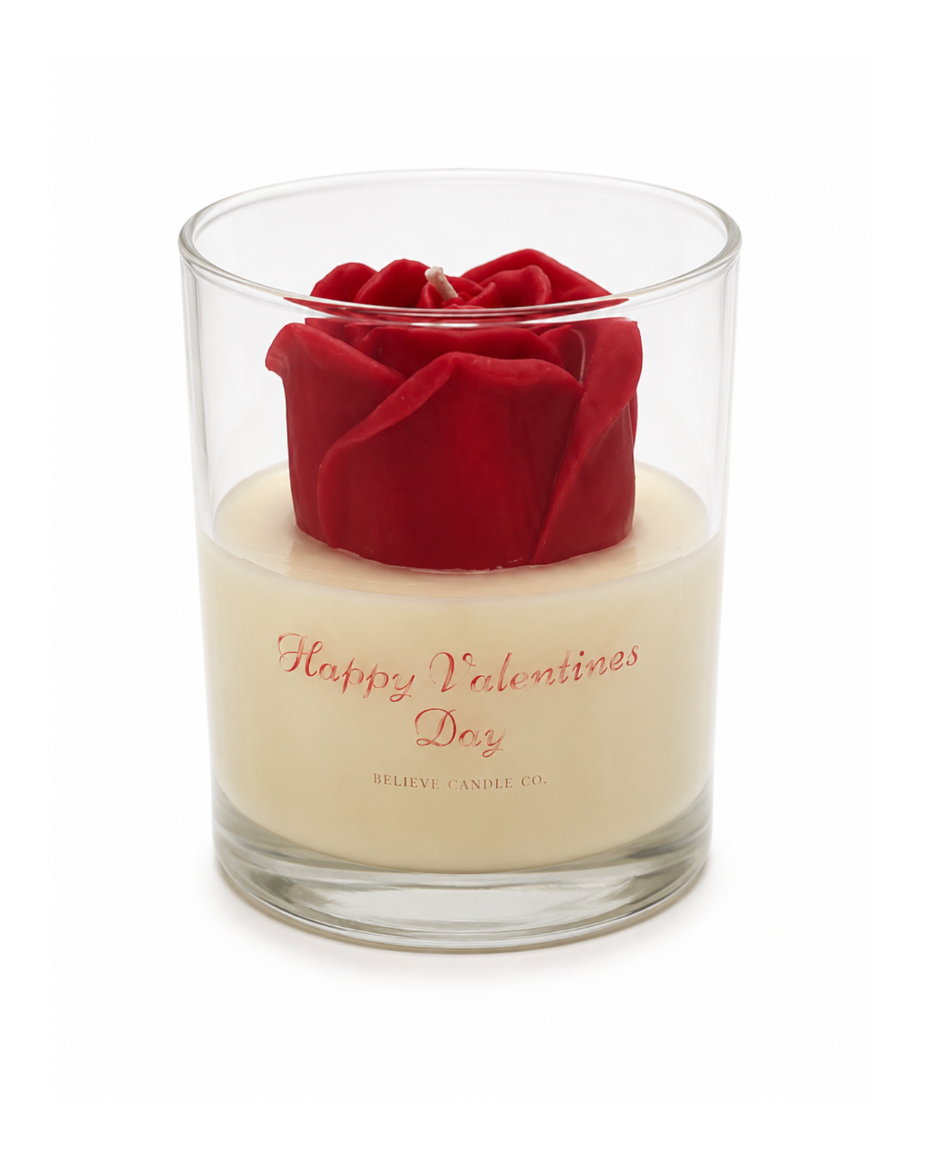 Candle with a red rose on top labeled 'Happy Valentine's Day' on a white background