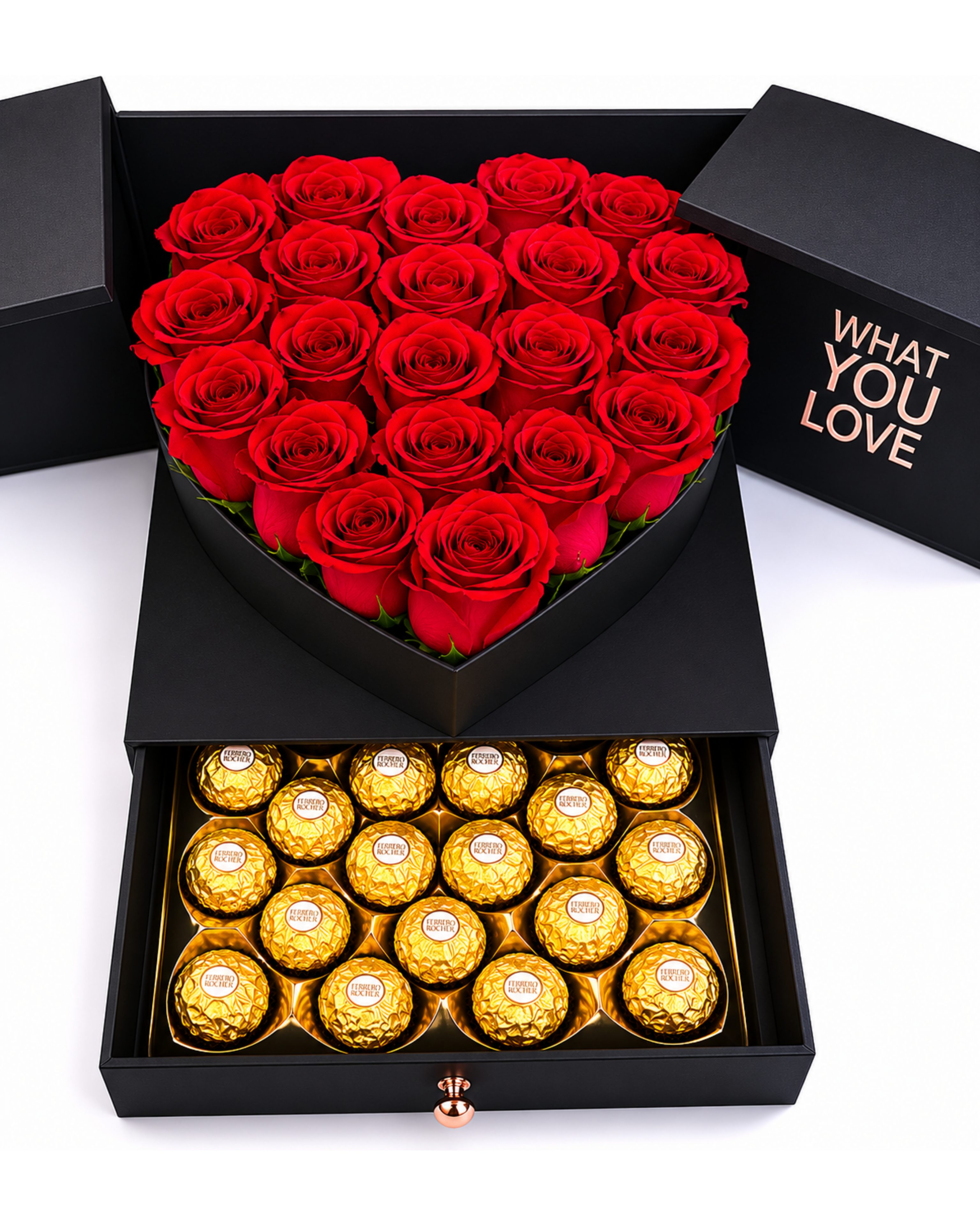 Heart-shaped box of red roses and gold Ferrero Rocher chocolates on a white background.