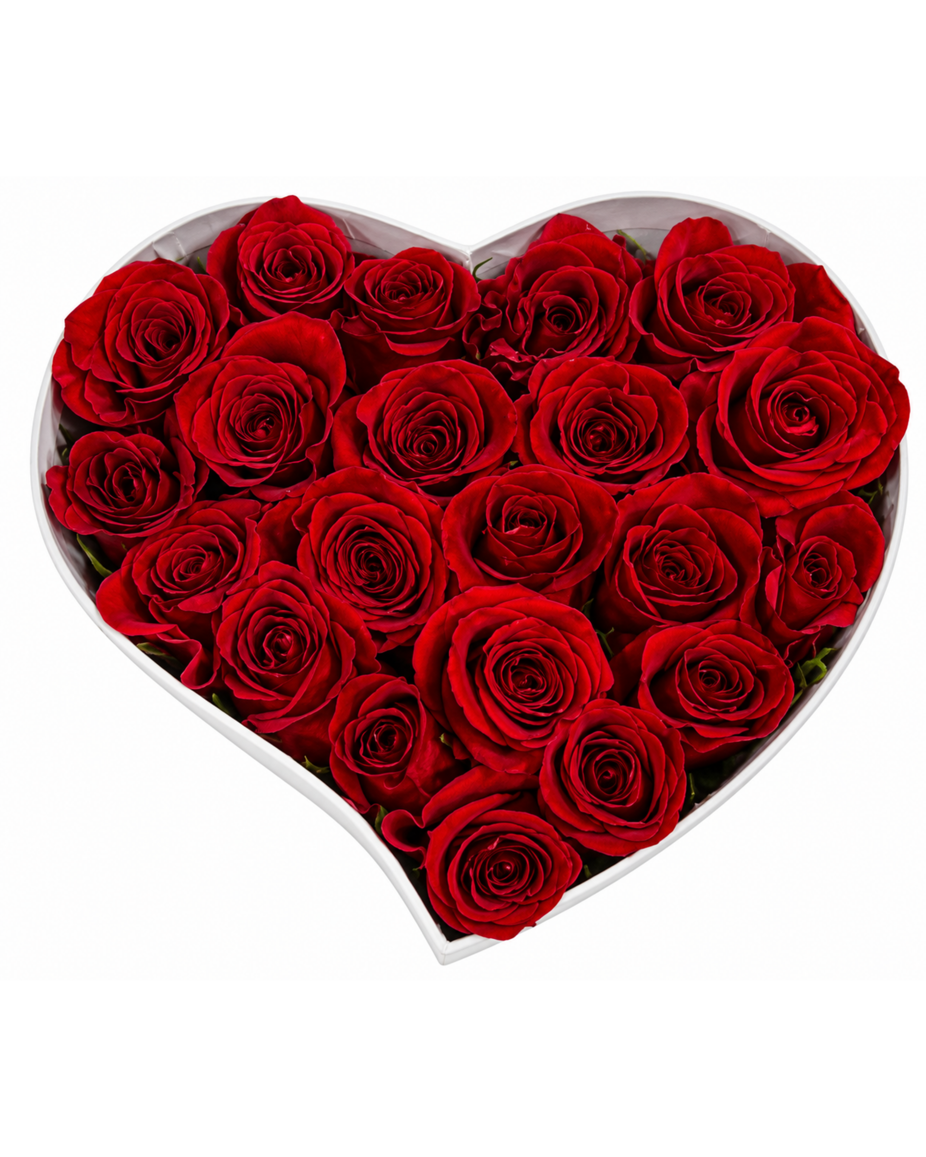 Heart-shaped arrangement of red roses in a clear container on a white background