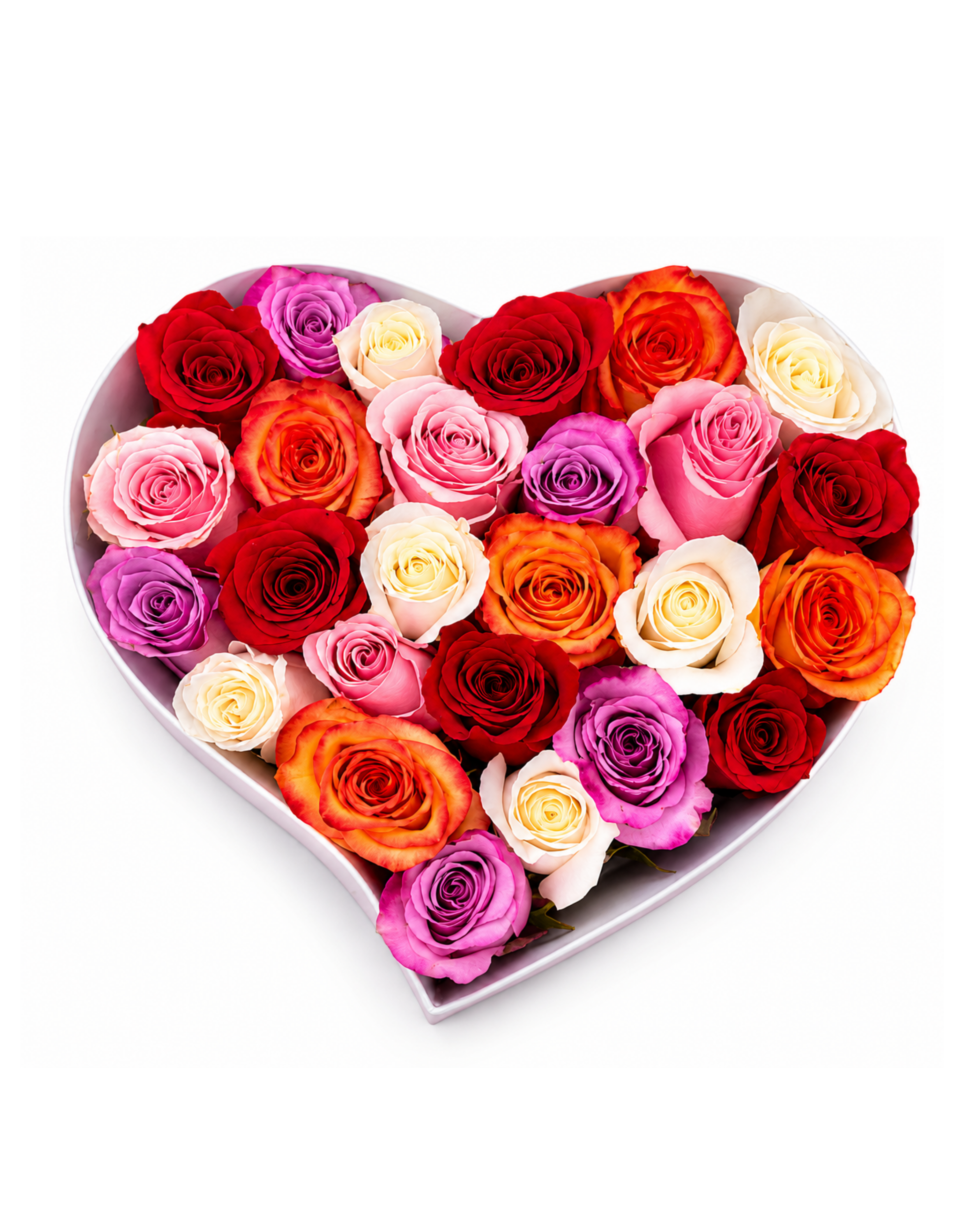 Heart-shaped arrangement of multicolored roses on a white background