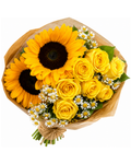 Bouquet of yellow sunflowers and roses with greenery on a white background