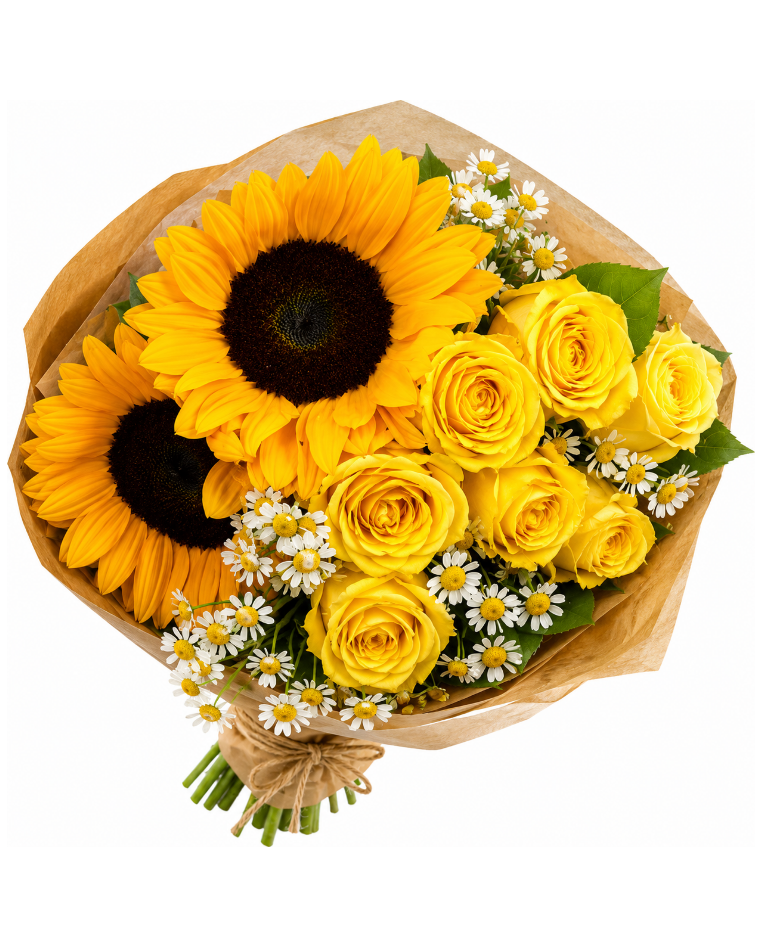 Bouquet of yellow sunflowers and roses with greenery on a white background