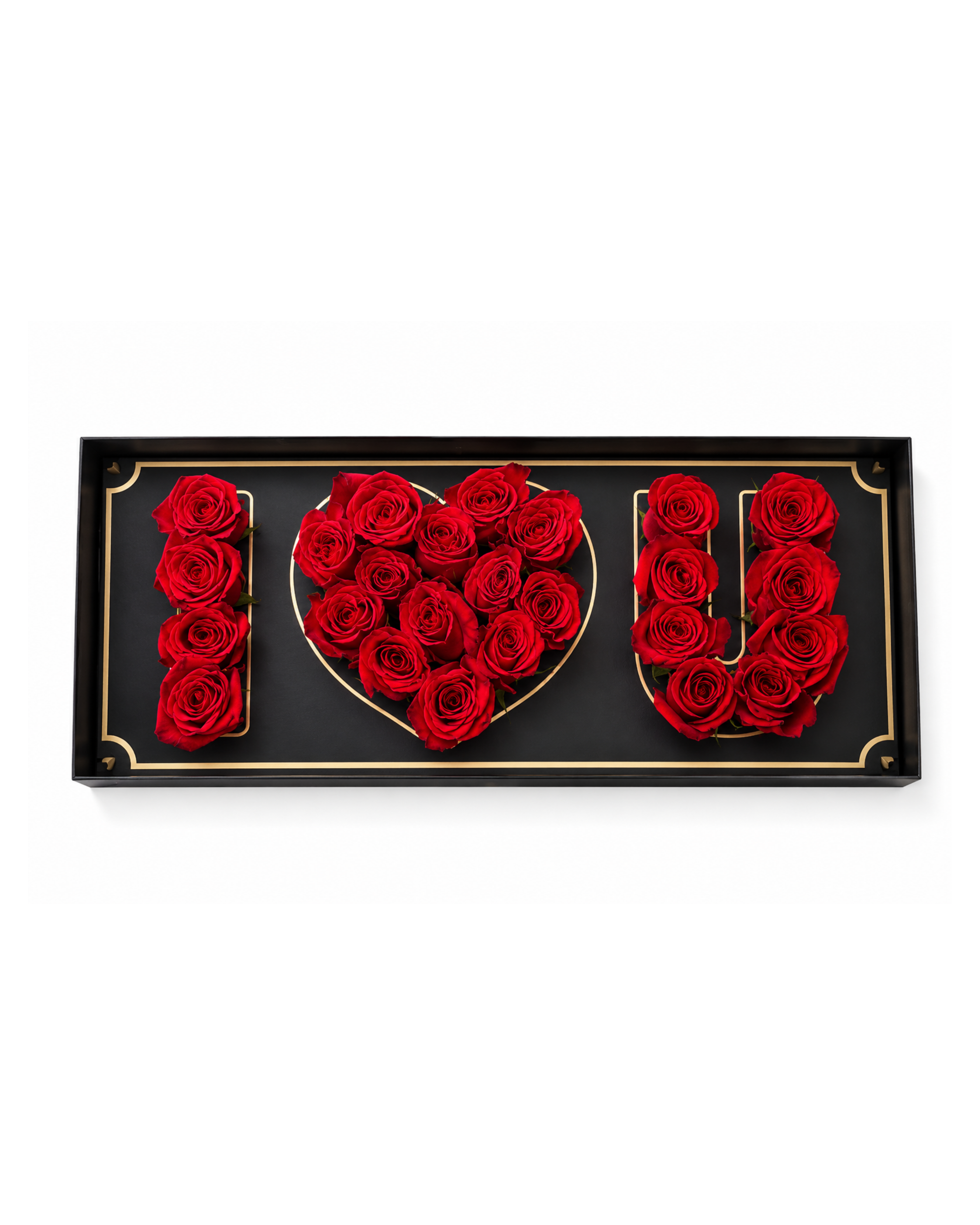 Decorative wall art with red roses forming 'I ❤️ U' on a black background