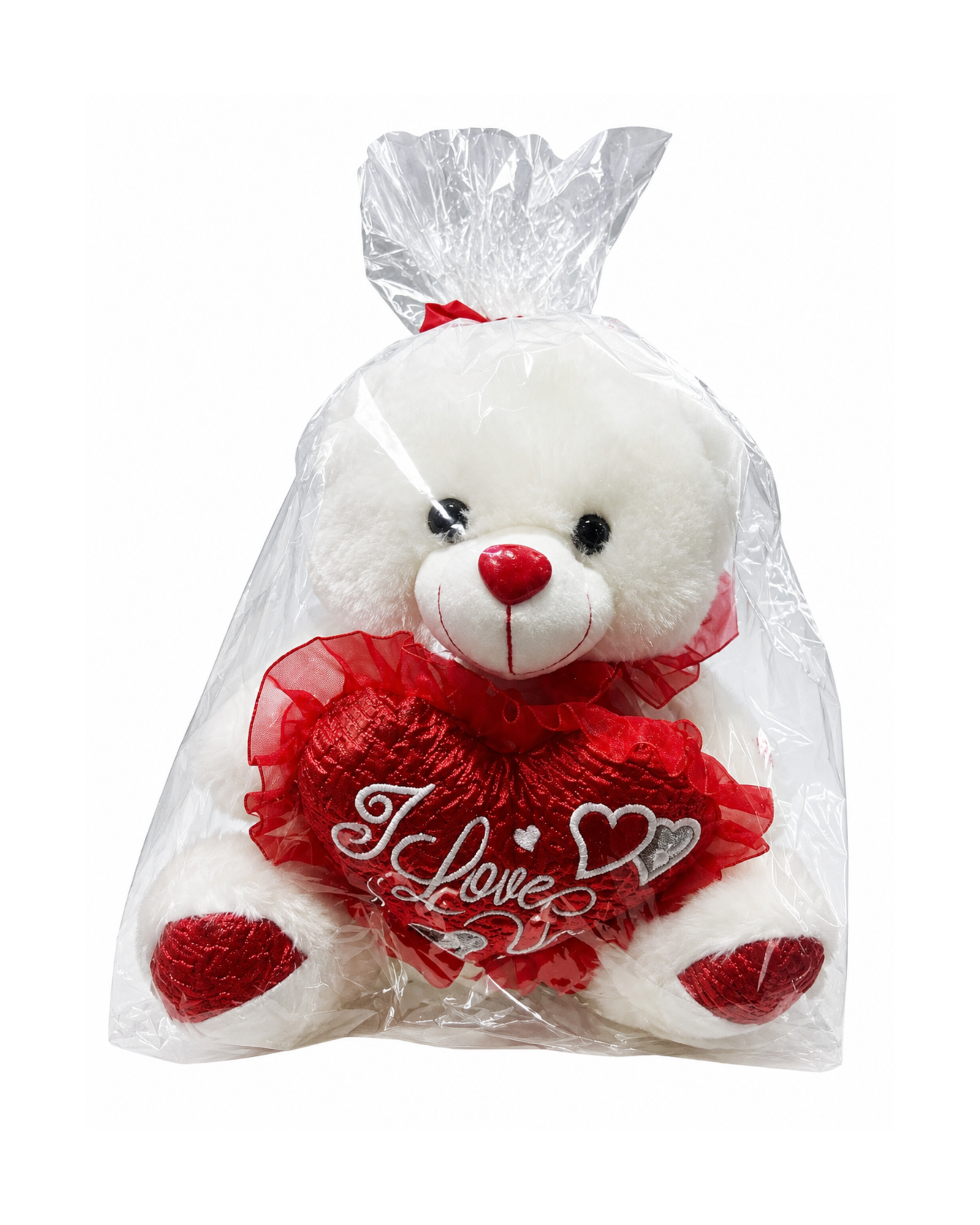 White teddy bear with a red 'I Love' heart in clear packaging on a white background
