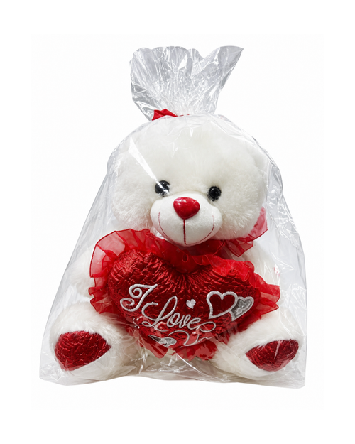 White teddy bear with a red 'I Love' heart in clear packaging on a white background