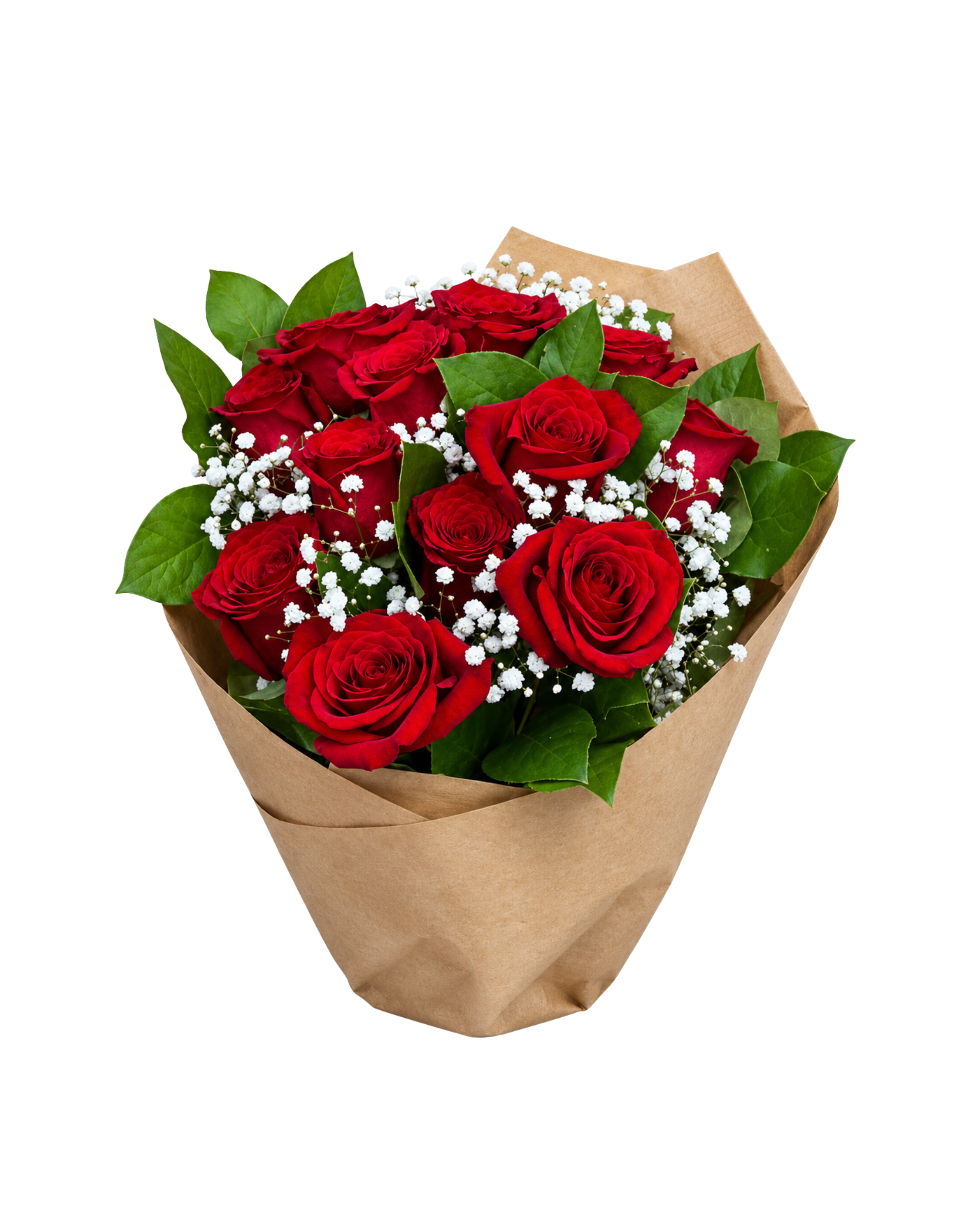 Bouquet of red roses with green leaves and small white flowers, wrapped in brown paper on a white background.