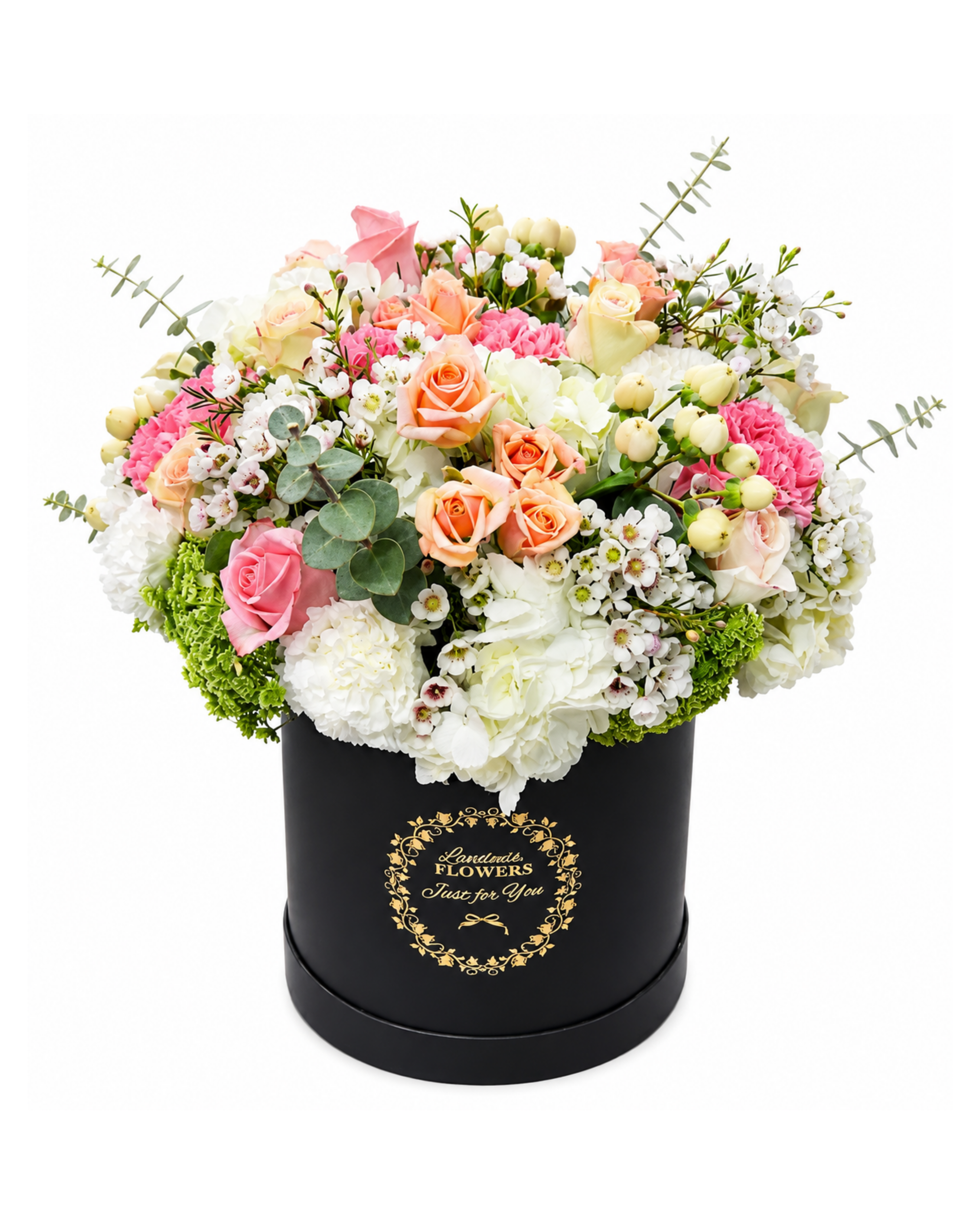 Floral arrangement in a black box with a visible brand logo on a white background